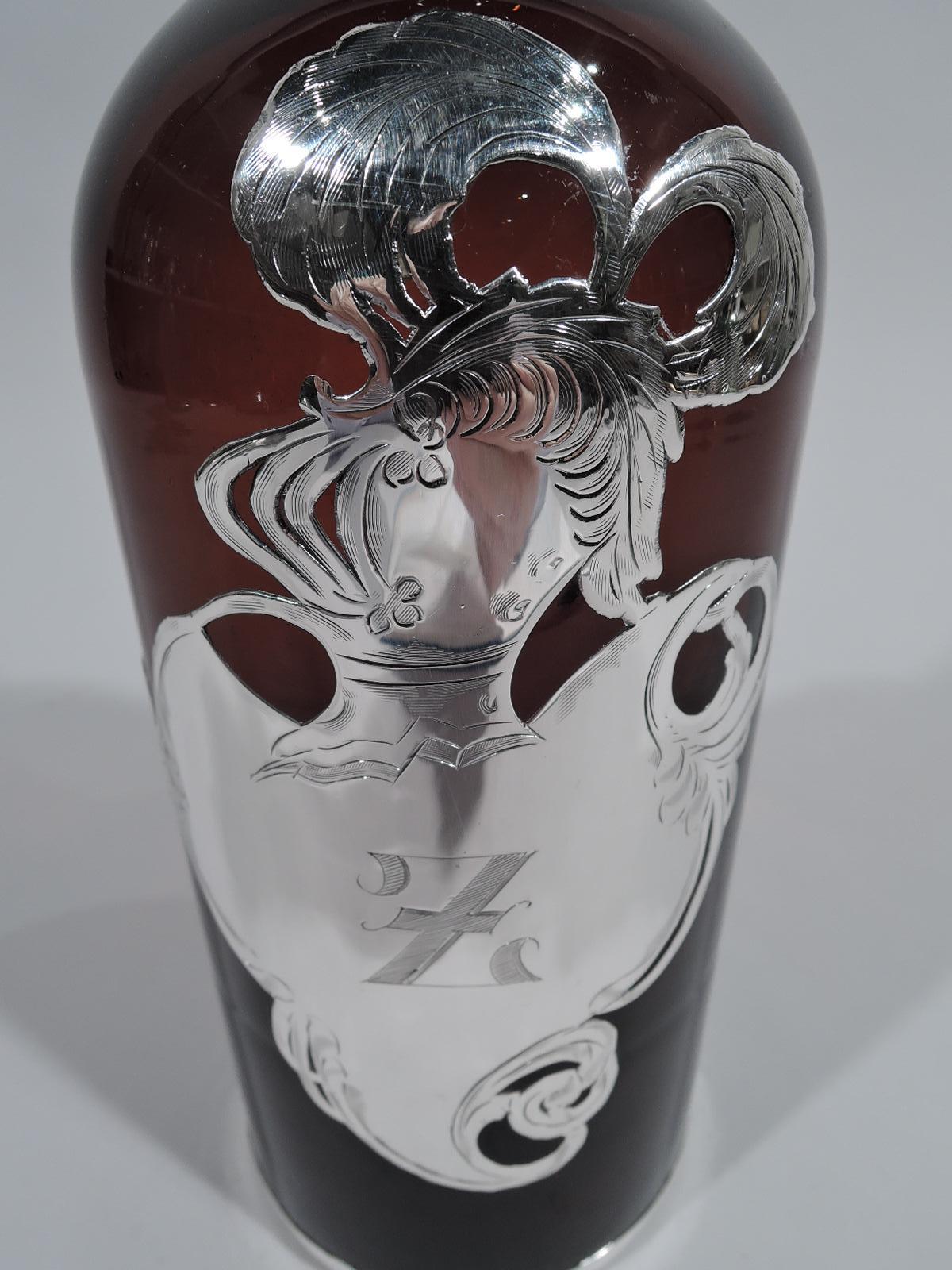 La Pierre Amber Silver Overlay Decanter with Chivalric Overlay In Excellent Condition In New York, NY