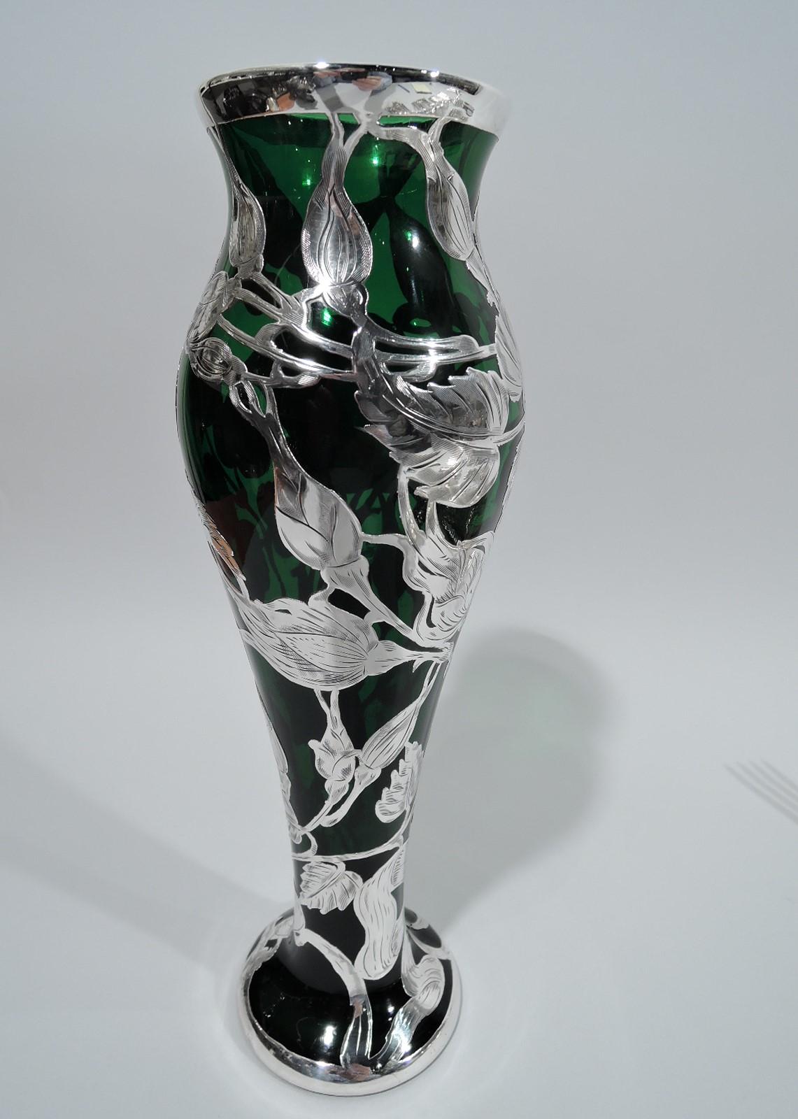 North American La Pierre Art Nouveau Green Silver Overlay Rose Vase