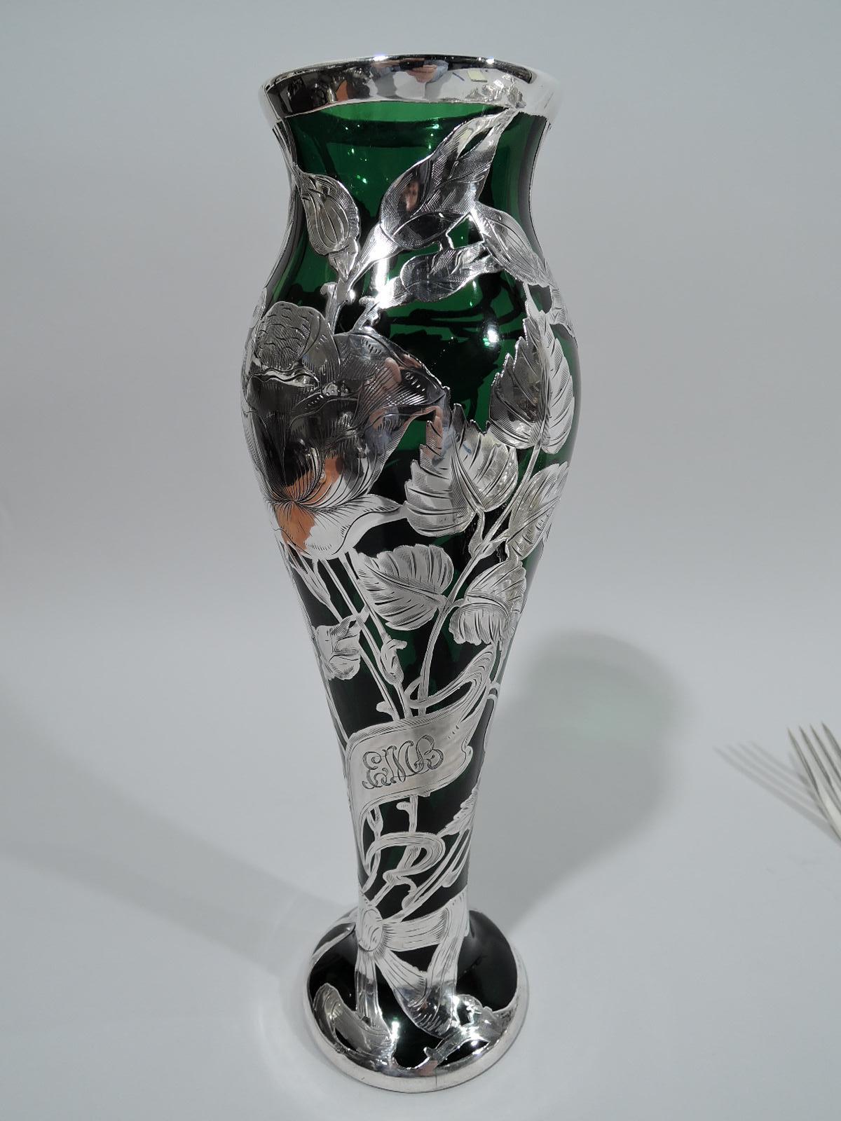 La Pierre Art Nouveau Green Silver Overlay Rose Vase In Excellent Condition In New York, NY