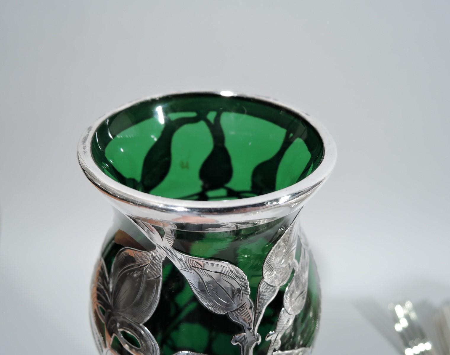 20th Century La Pierre Art Nouveau Green Silver Overlay Rose Vase
