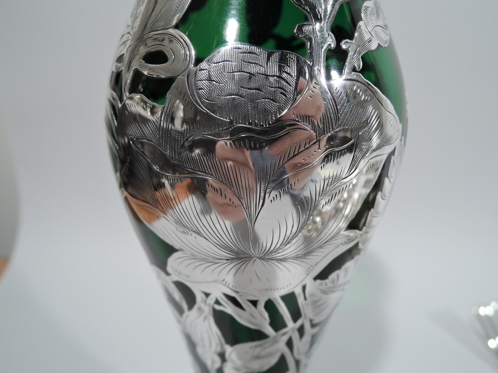 La Pierre Art Nouveau Green Silver Overlay Rose Vase 1