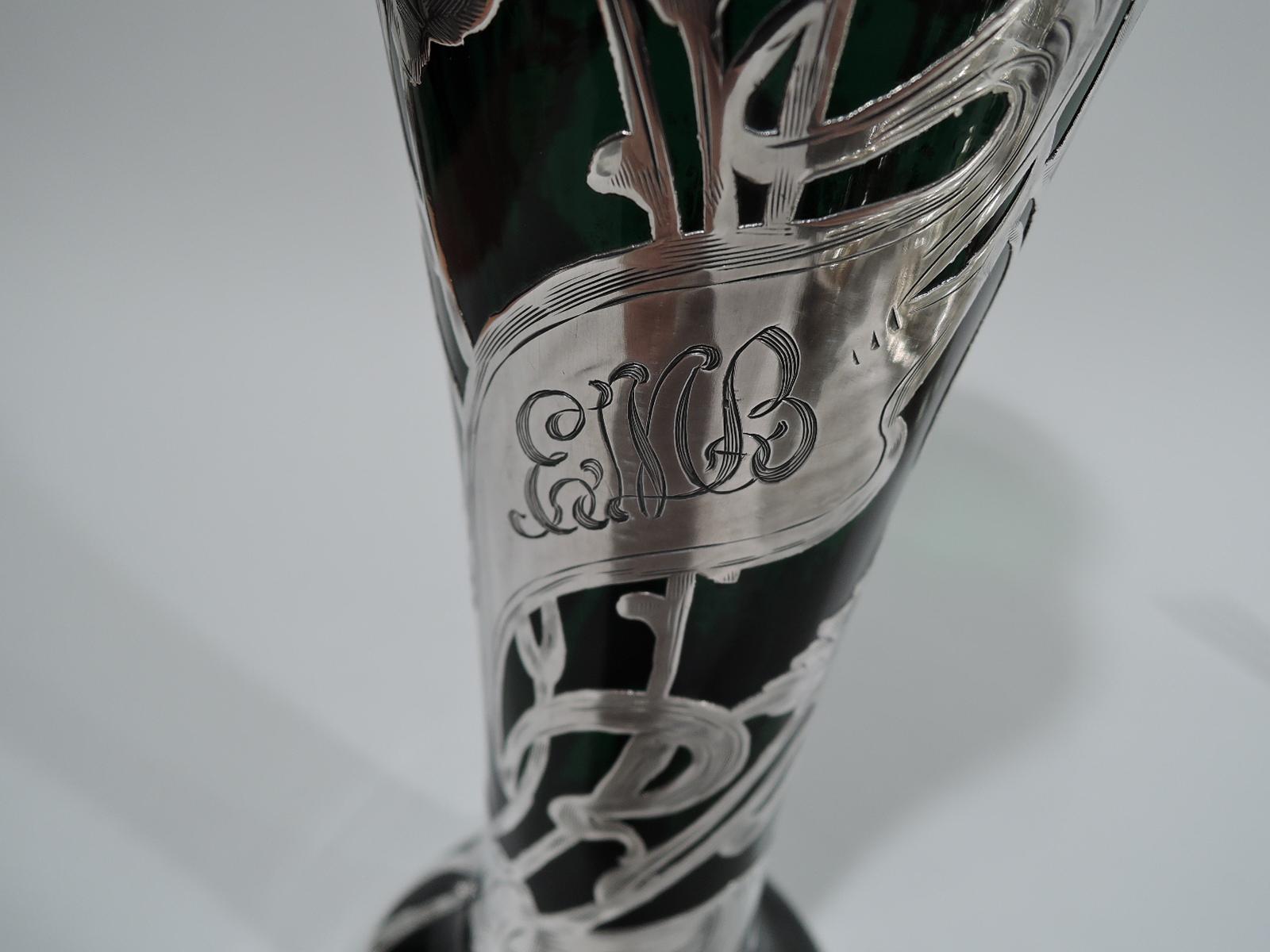 La Pierre Art Nouveau Green Silver Overlay Rose Vase 2