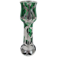La Pierre Art Nouveau Green Silver Overlay Tulip Vase