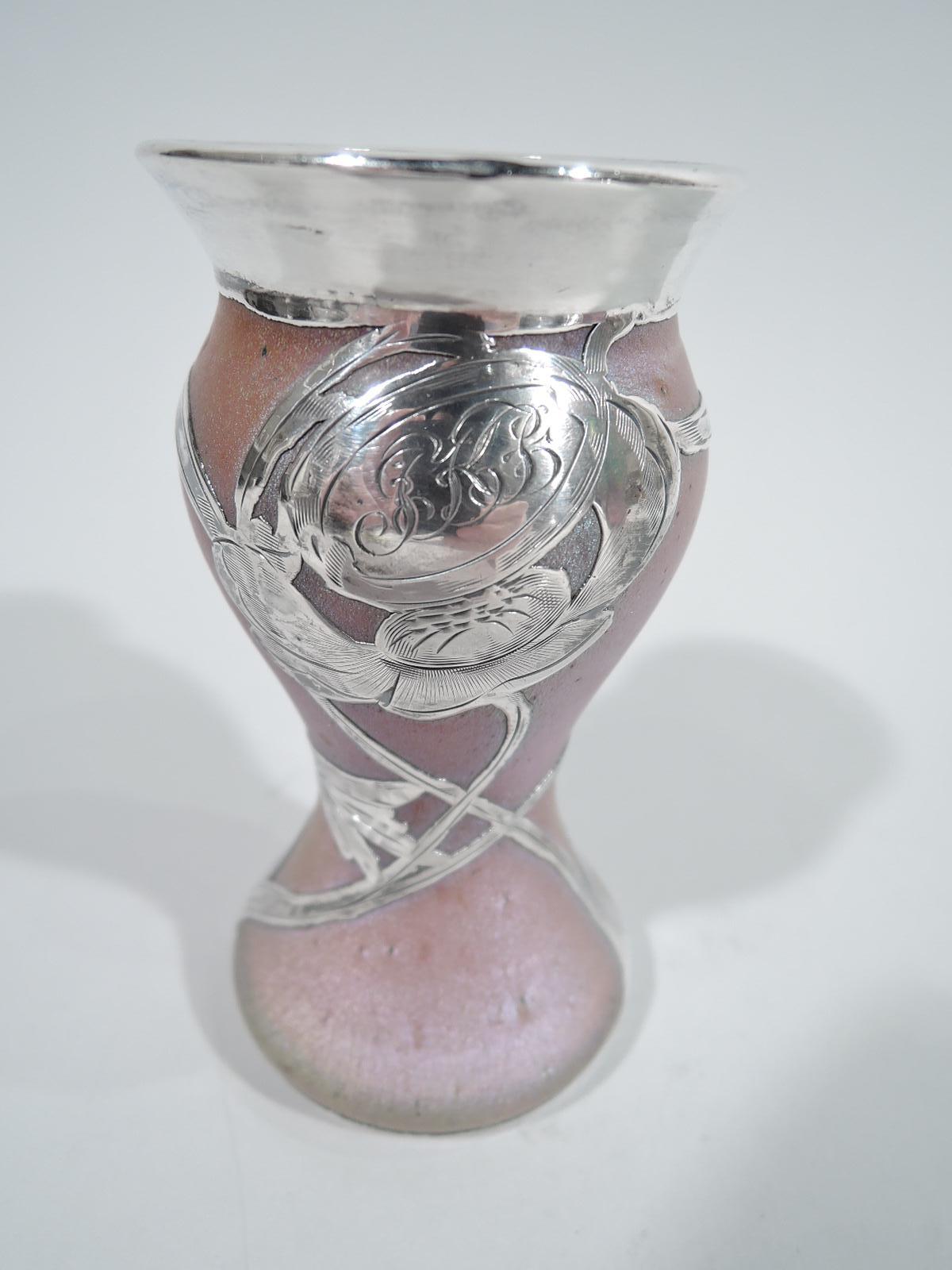 Turn-of-the-century Austrian Art Nouveau glass bud vase with engraved silver overlay. Voluptuous waisted baluster. Overlay in form of flowers with crisscrossing stems and tendrils. Oval cartouche engraved with interlaced script monogram. Flared neck