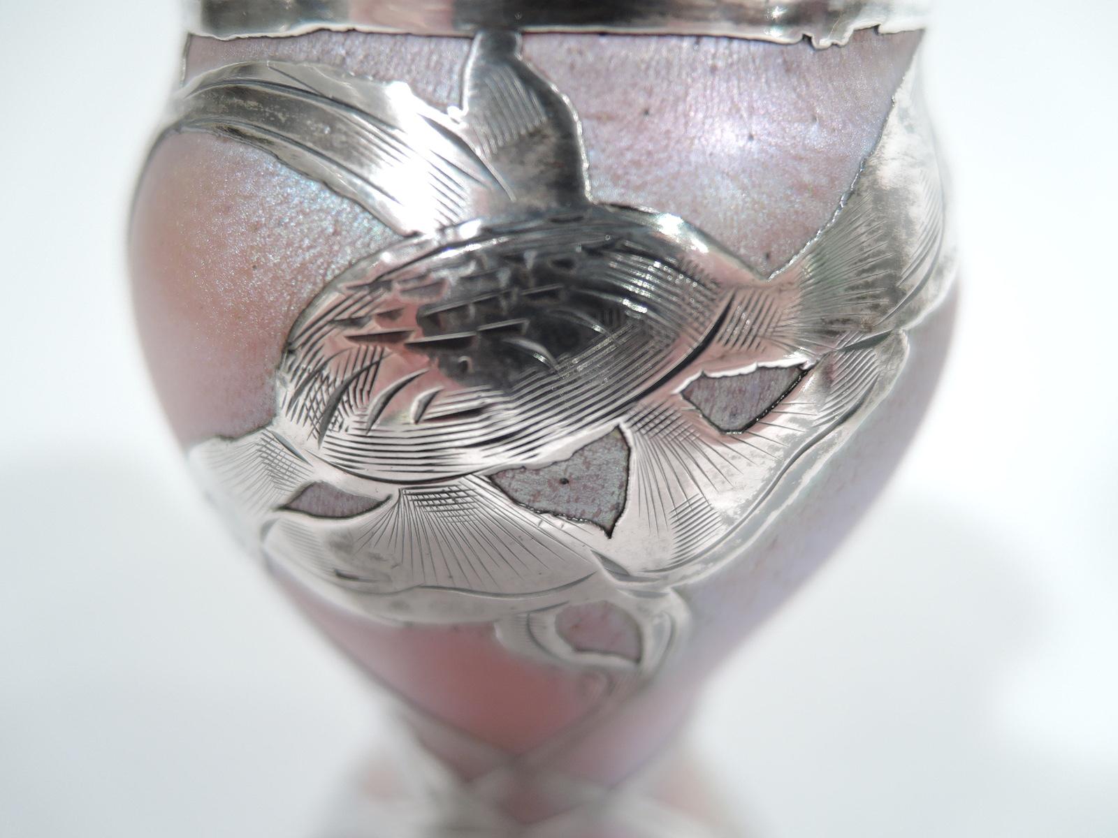 La Pierre Austrian Art Nouveau Iridescent Silver Overlay Bud Vase In Excellent Condition In New York, NY