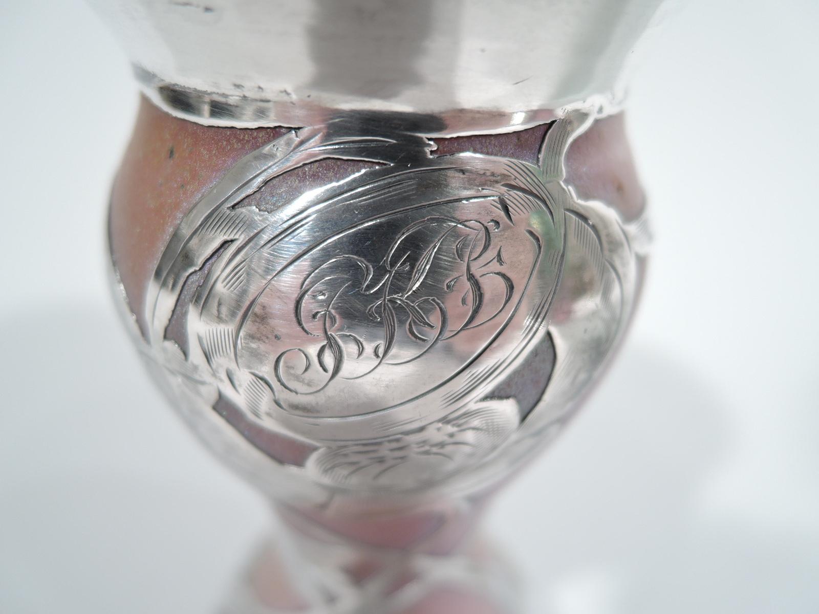 20th Century La Pierre Austrian Art Nouveau Iridescent Silver Overlay Bud Vase