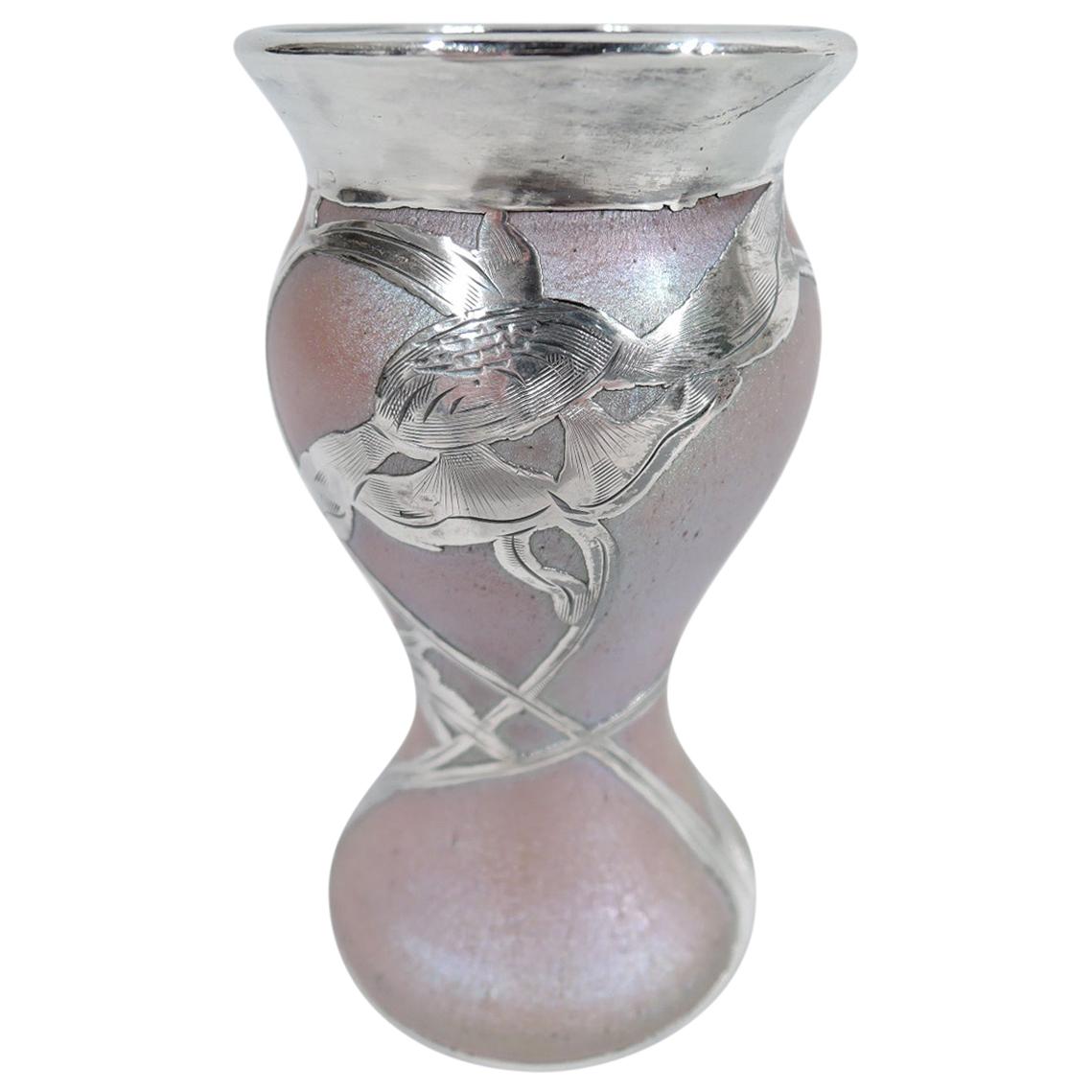 La Pierre Austrian Art Nouveau Iridescent Silver Overlay Bud Vase