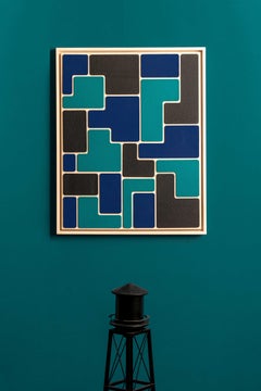 "La Piscine", Blue Leather Artwork on massive maple bleached frame