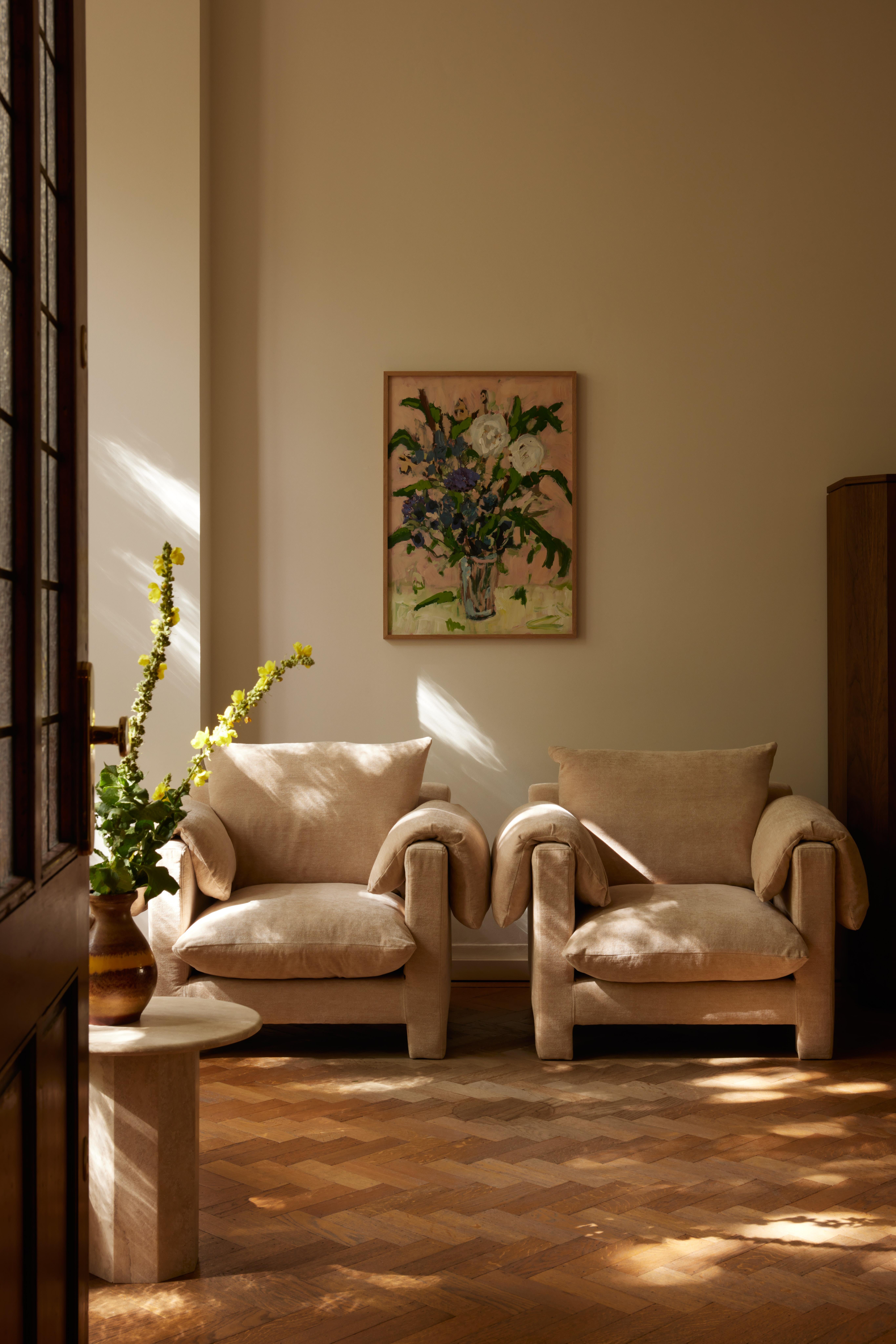 Minimalist La Plume Armchair Upholstered in Dedar Bel Suede For Sale