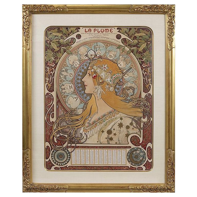 "La Plume-Zodiac" French Art Nouveau Lithograph by Alphonse Mucha