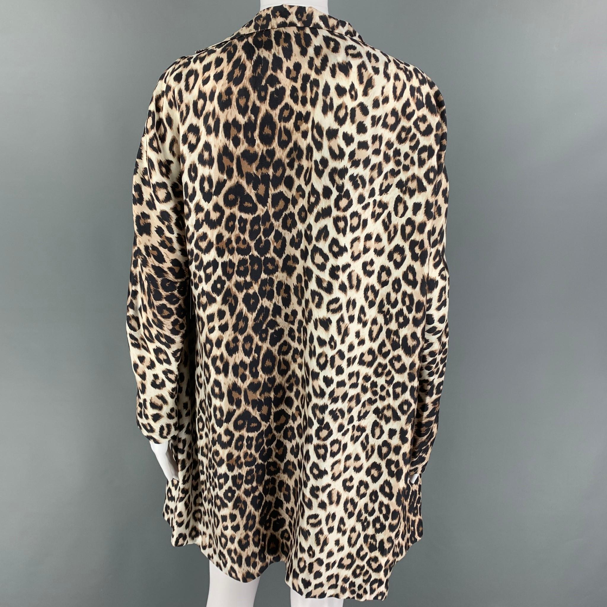 Black LA PRESTIC OUISTON Size S Beige Brown Silk Animal Print Open Front Coat