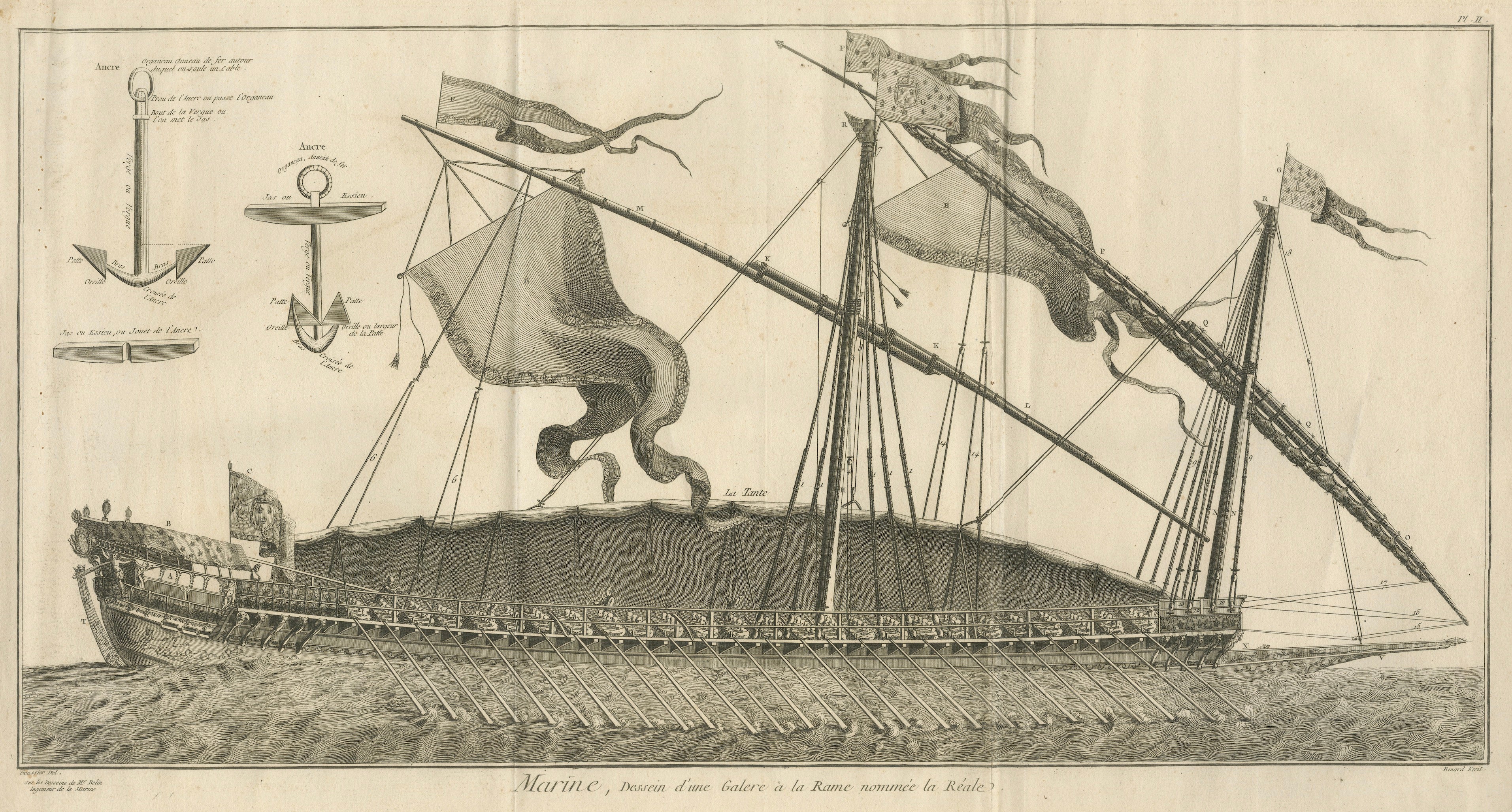 La Réale French Royal Galley, Large Naval Engraving, c.1769 For Sale