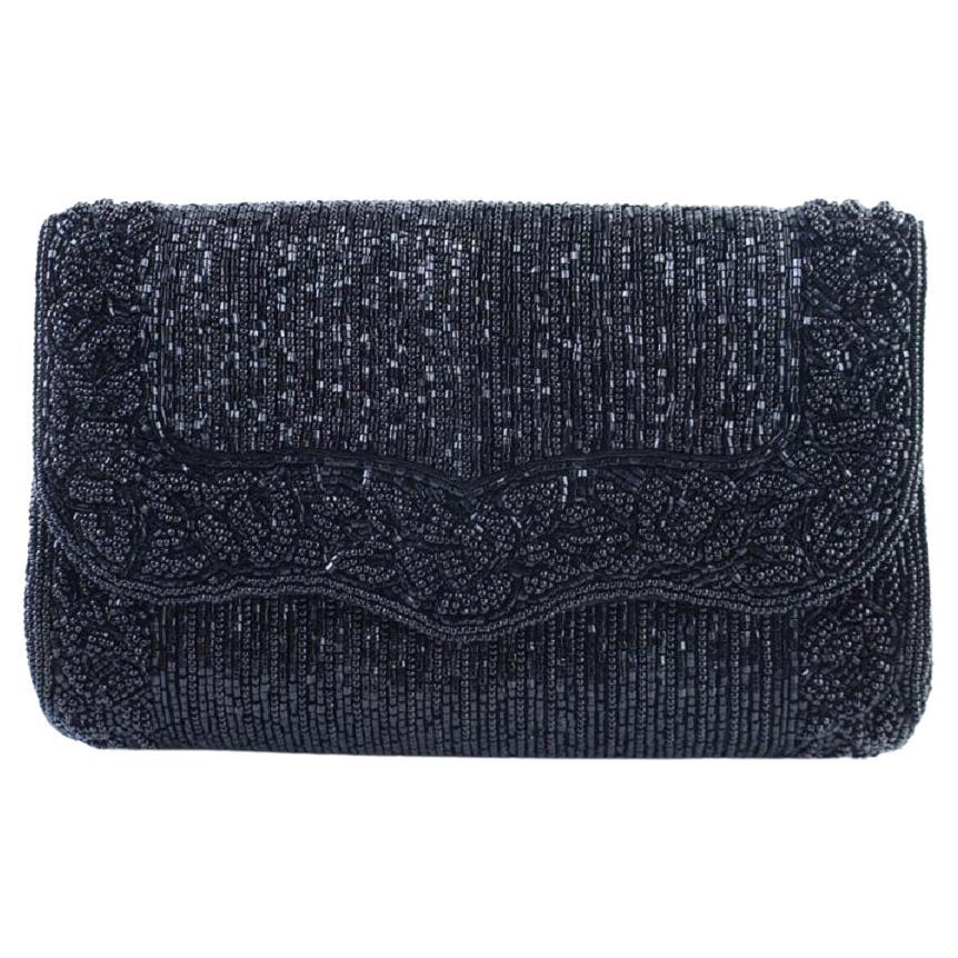 La Regale Black Beaded Sequin Embroidery Crossbody 2way Evening Bag Clutch 1m77 For Sale
