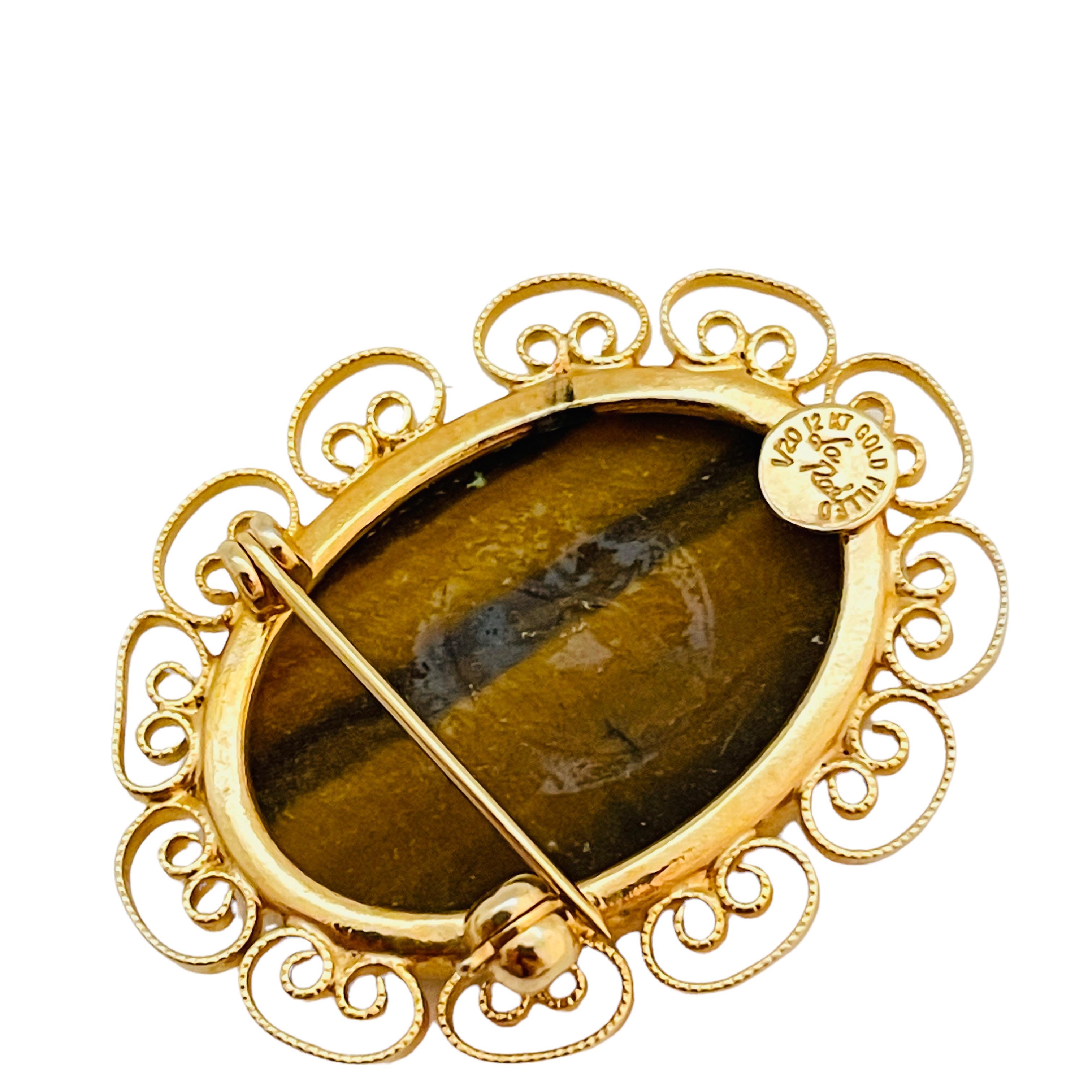 LA REL signed 1/20 12kt gold filled tiger eye stone vintage designer brooch In Good Condition For Sale In Palos Hills, IL