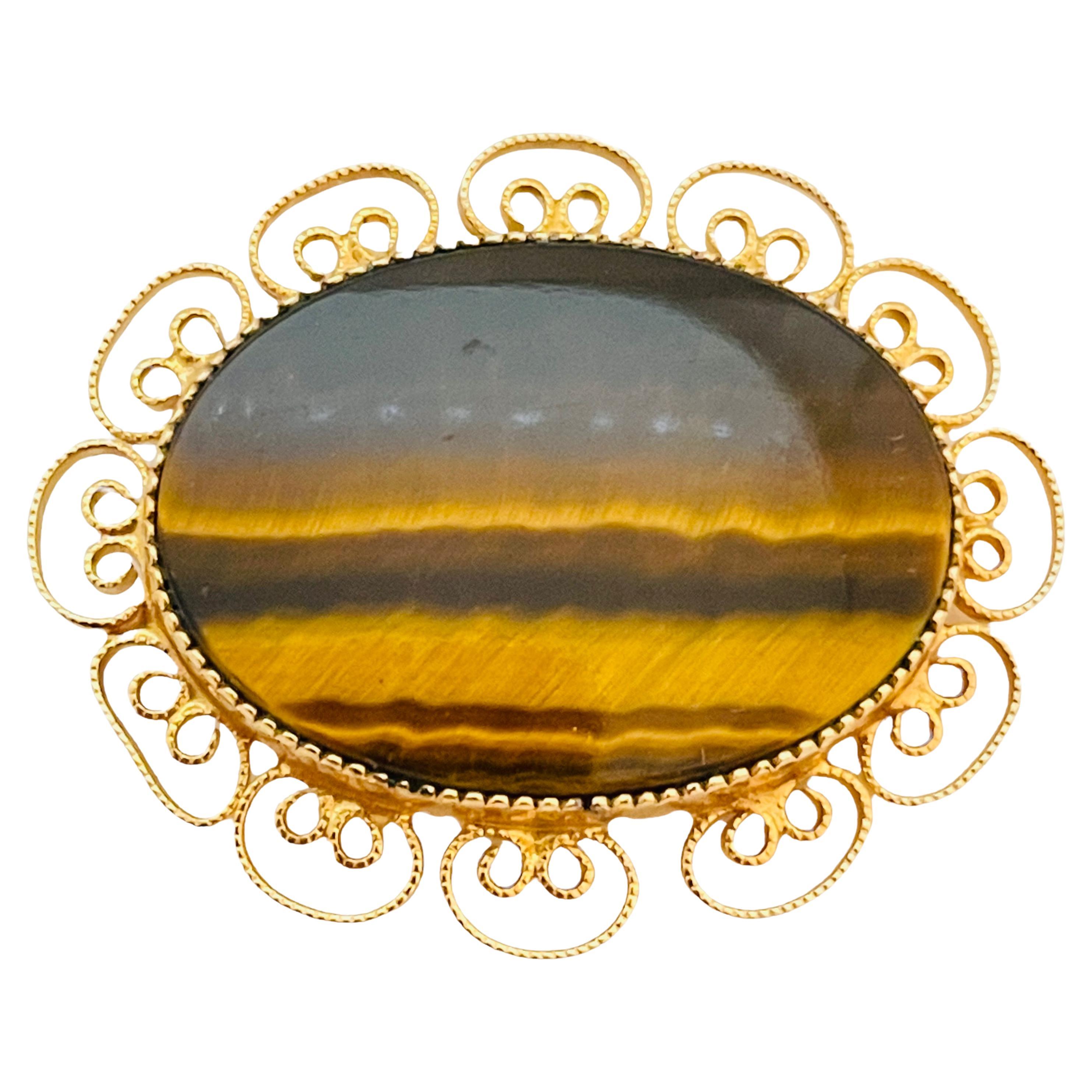 LA REL signed 1/20 12kt gold filled tiger eye stone vintage designer brooch For Sale