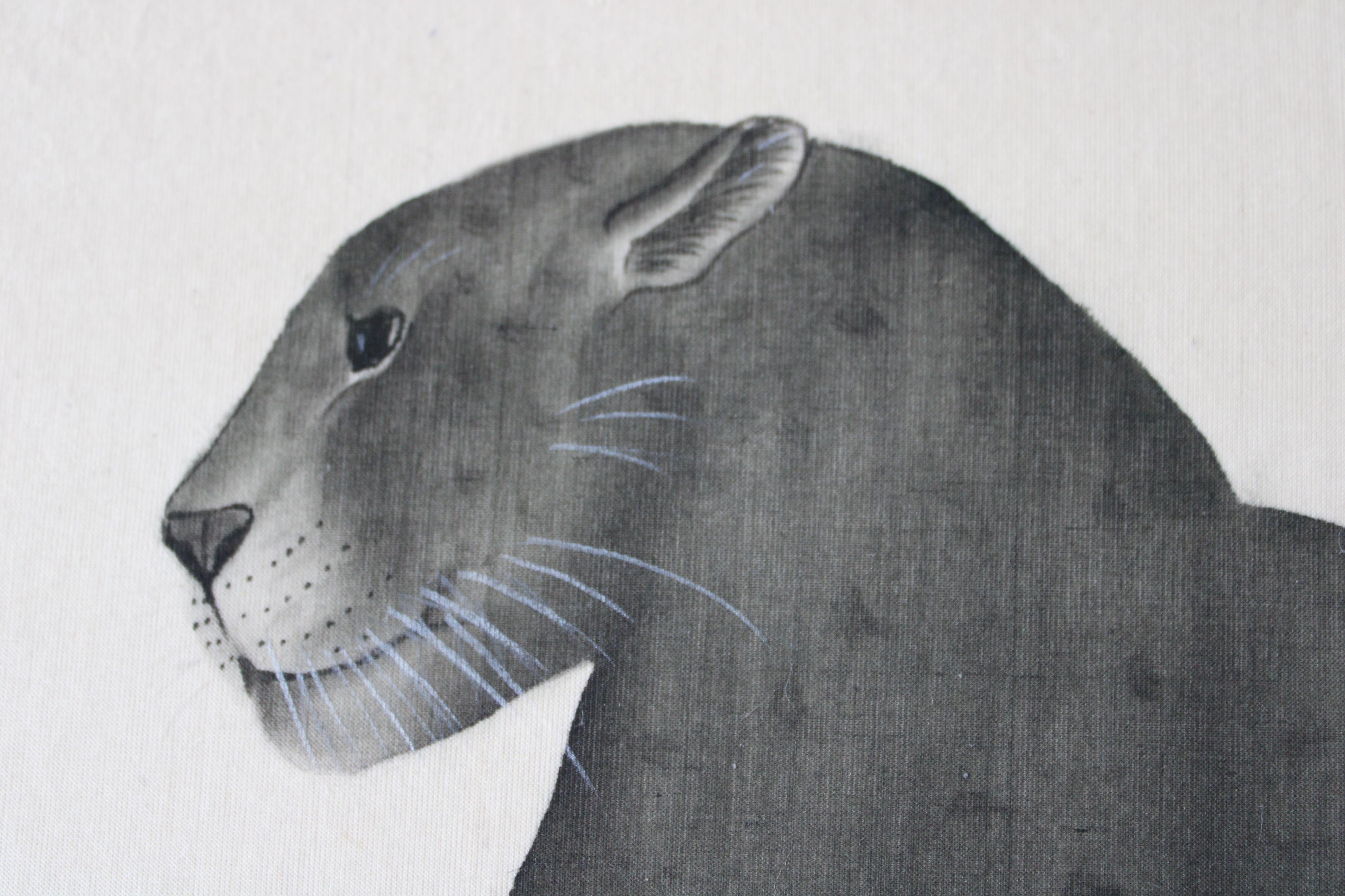 Schwarzes Panther-Aquarell auf Seide auf japanischem Papier von La Roche Laffitte, Vintage 9