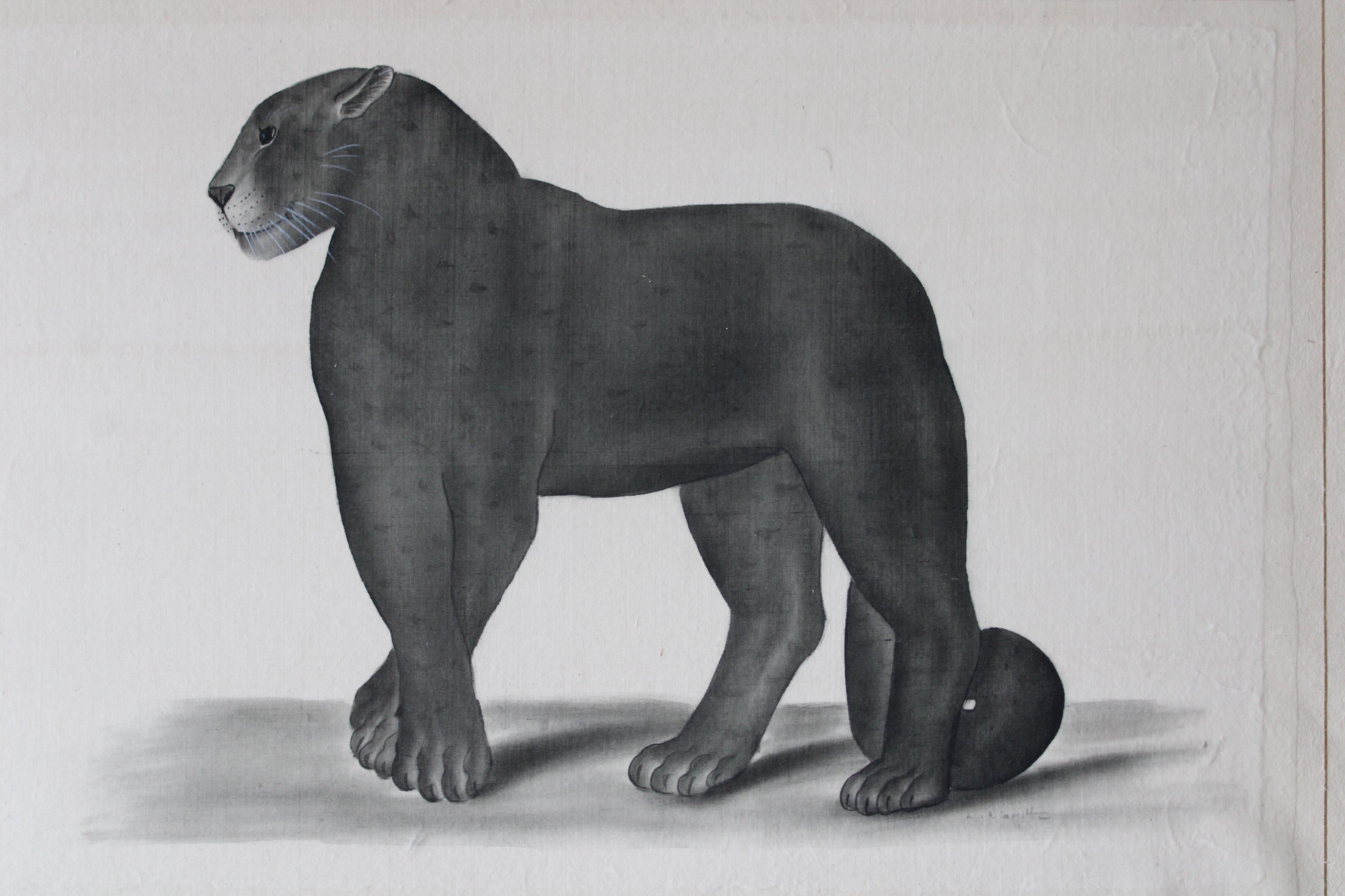 Schwarzes Panther-Aquarell auf Seide auf japanischem Papier von La Roche Laffitte, Vintage 2