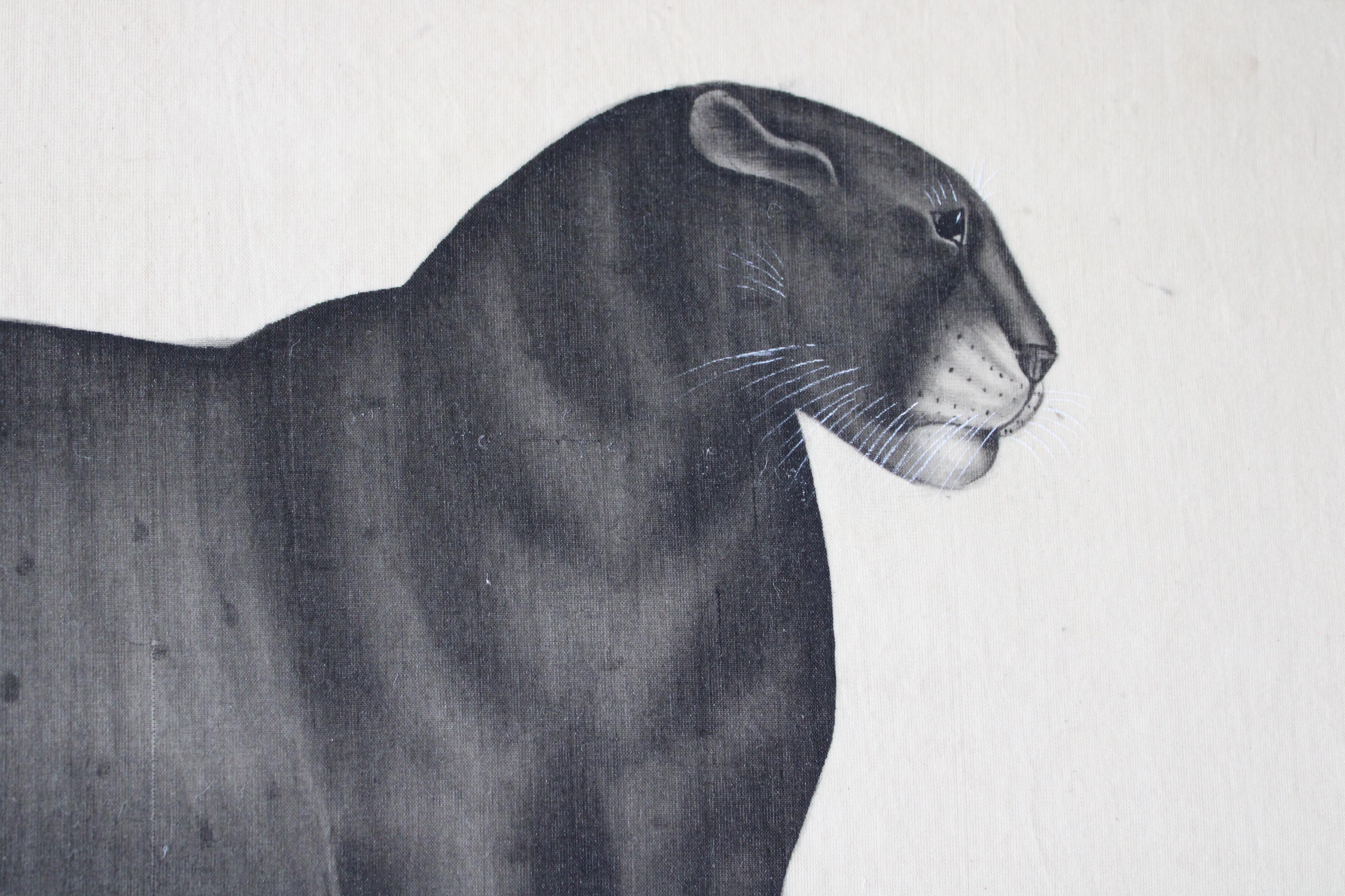 Schwarzes Panther-Aquarell auf Seide auf japanischem Papier von La Roche Laffitte, Vintage 2