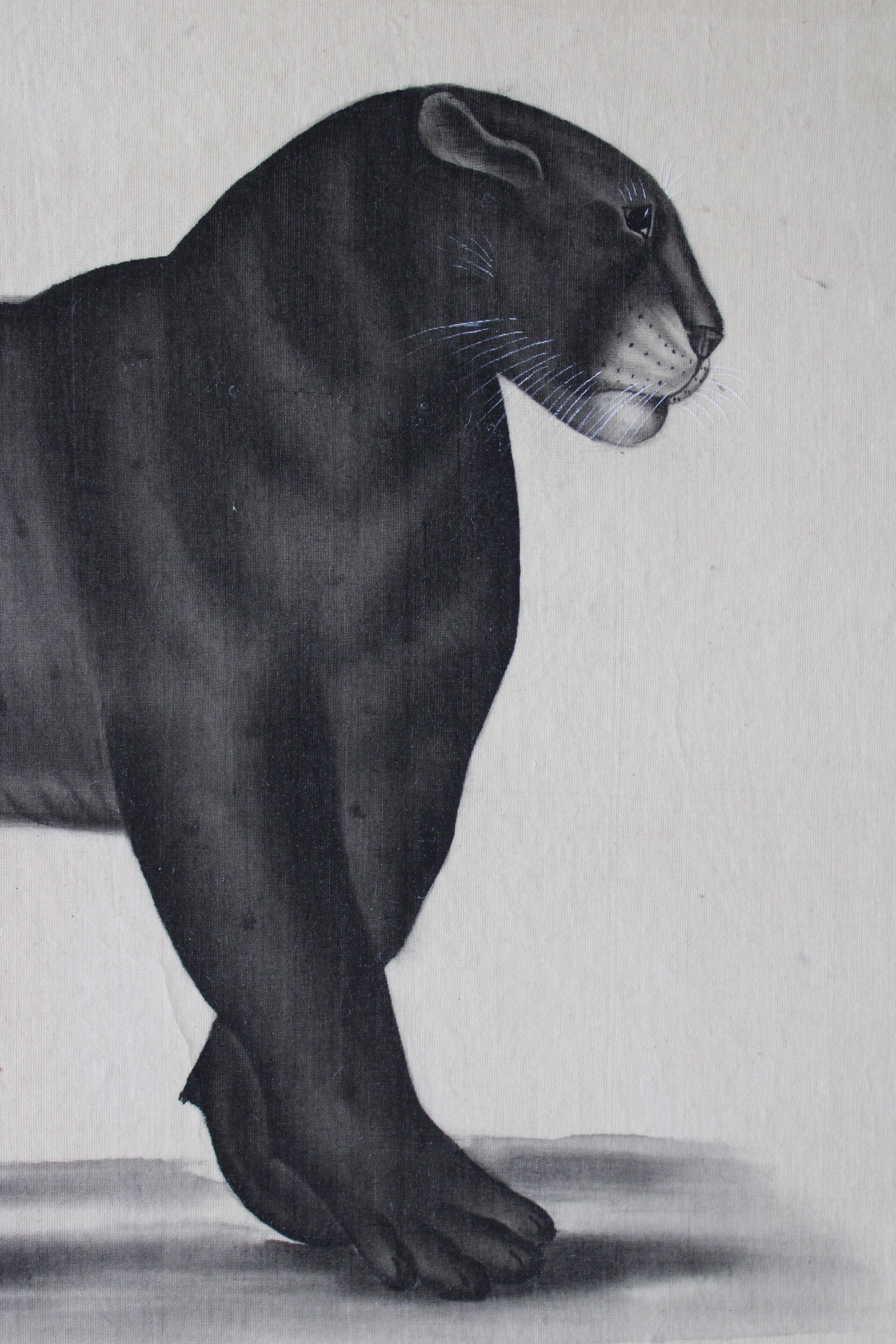 Schwarzes Panther-Aquarell auf Seide auf japanischem Papier von La Roche Laffitte, Vintage 3