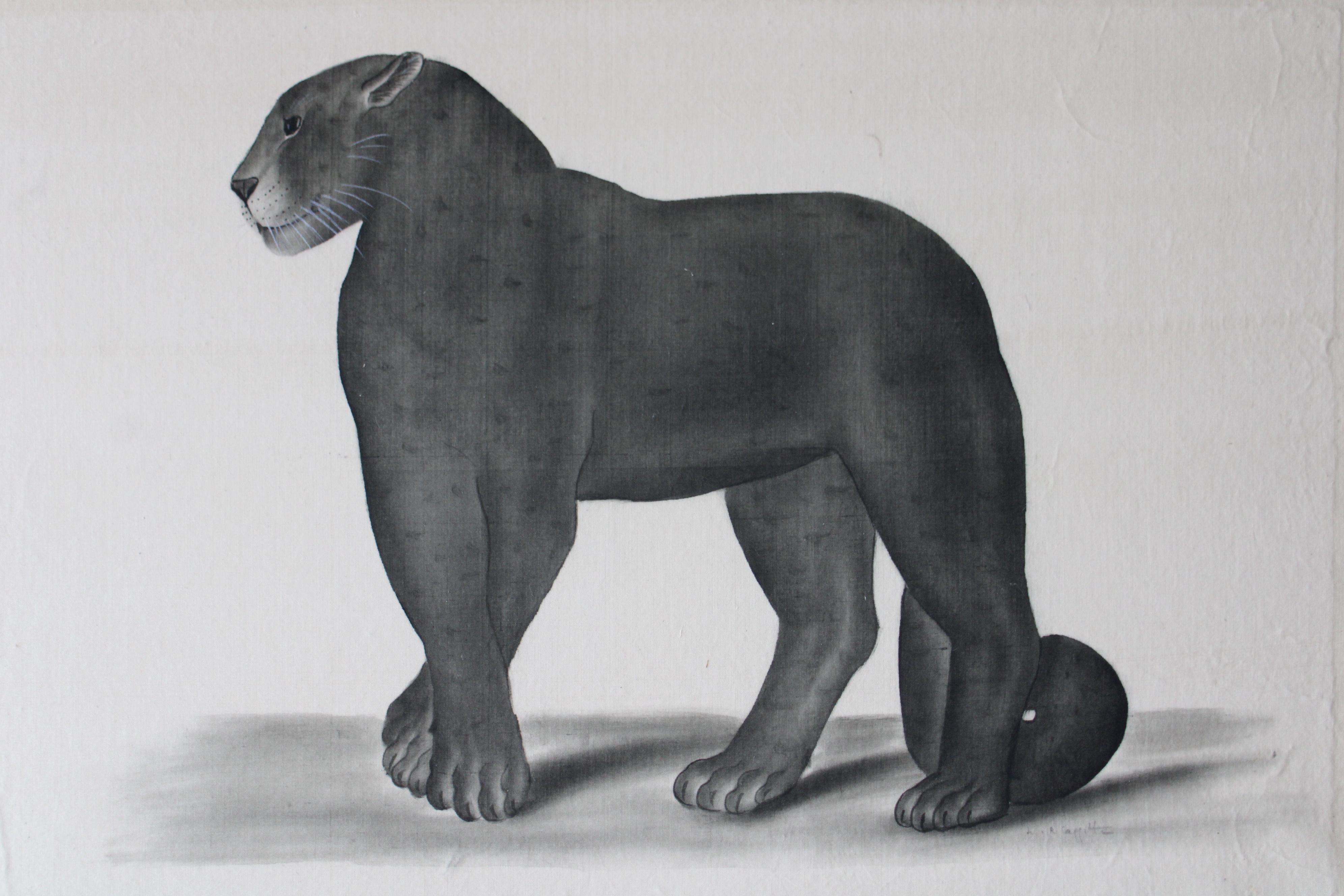 Schwarzes Panther-Aquarell auf Seide auf japanischem Papier von La Roche Laffitte, Vintage 4
