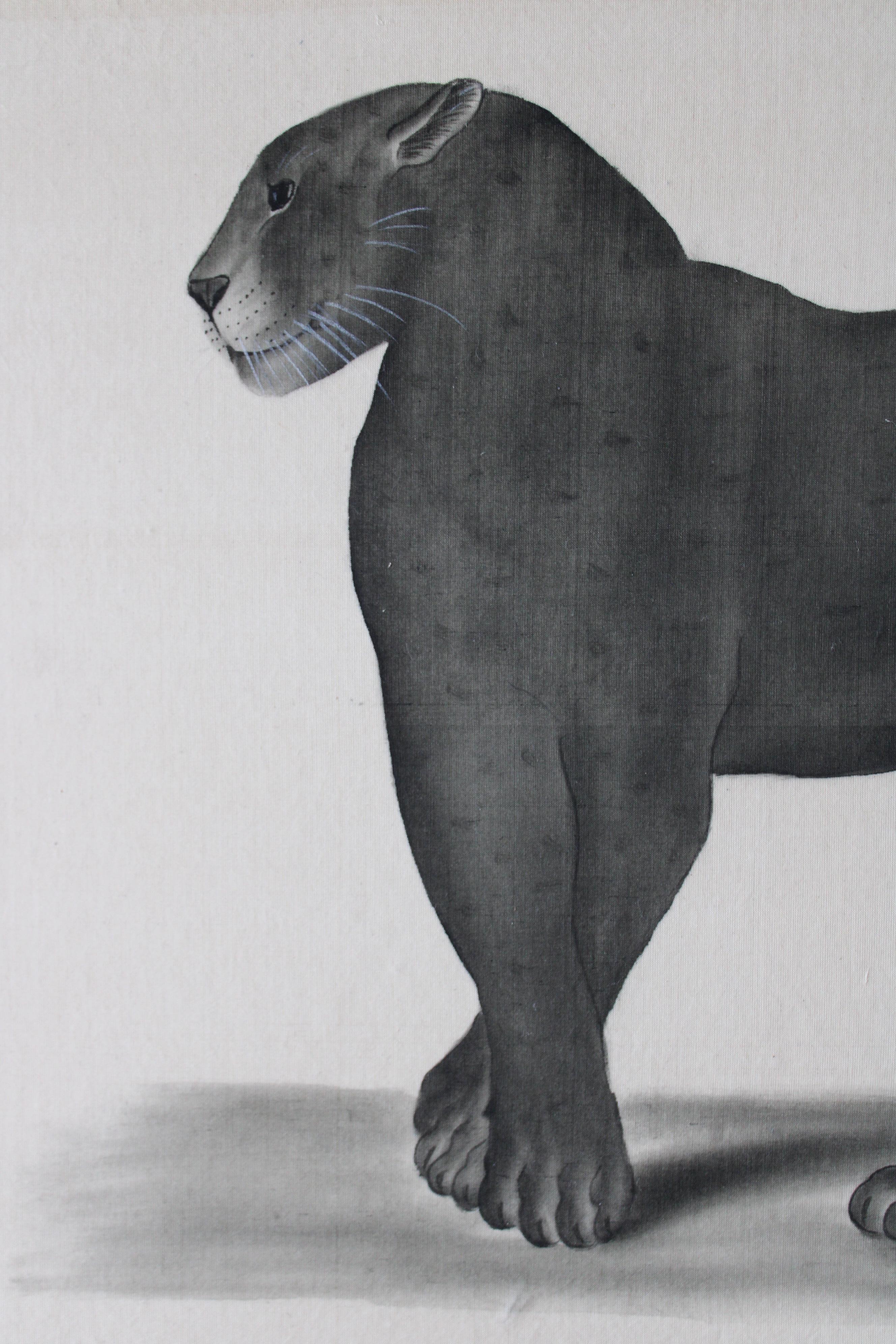 Schwarzes Panther-Aquarell auf Seide auf japanischem Papier von La Roche Laffitte, Vintage 6