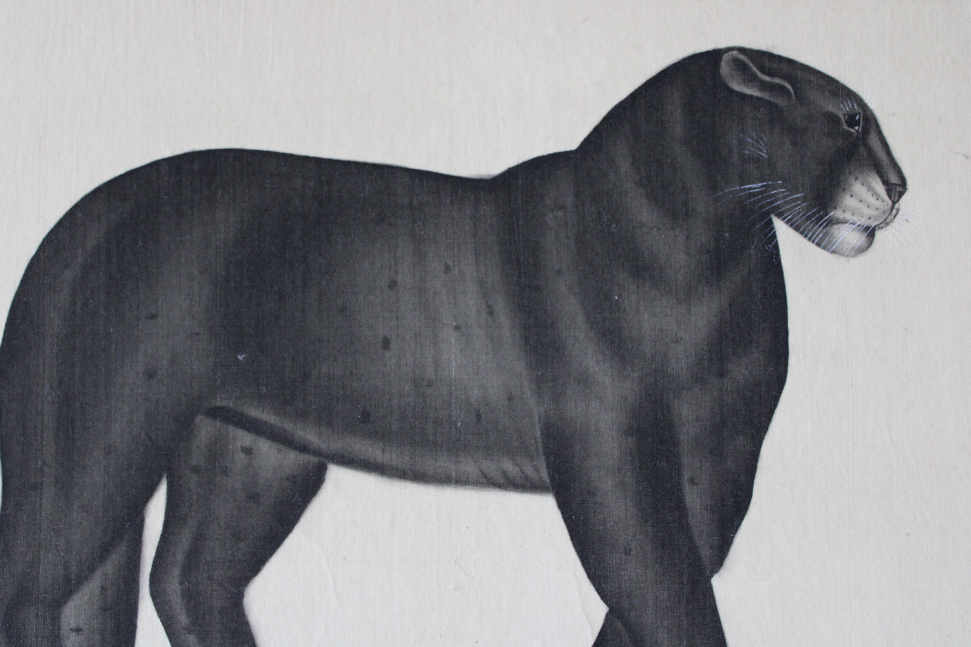Schwarzes Panther-Aquarell auf Seide auf japanischem Papier von La Roche Laffitte, Vintage 7