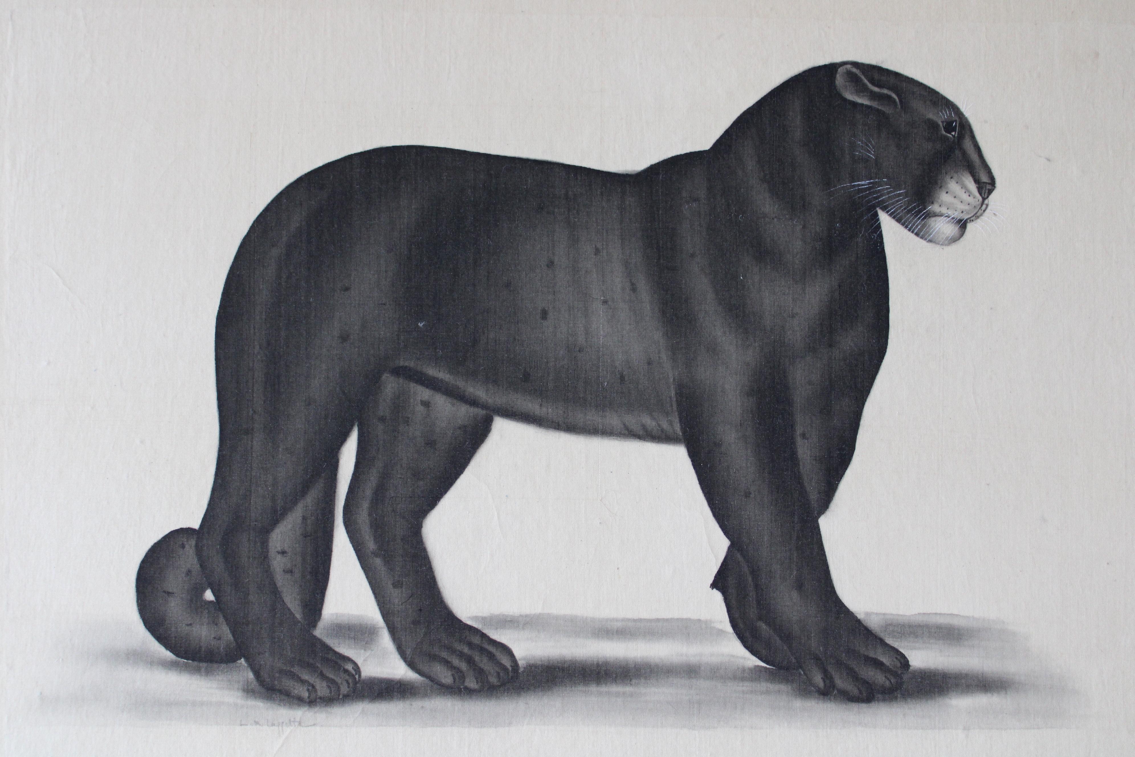 Schwarzes Panther-Aquarell auf Seide auf japanischem Papier von La Roche Laffitte, Vintage 8