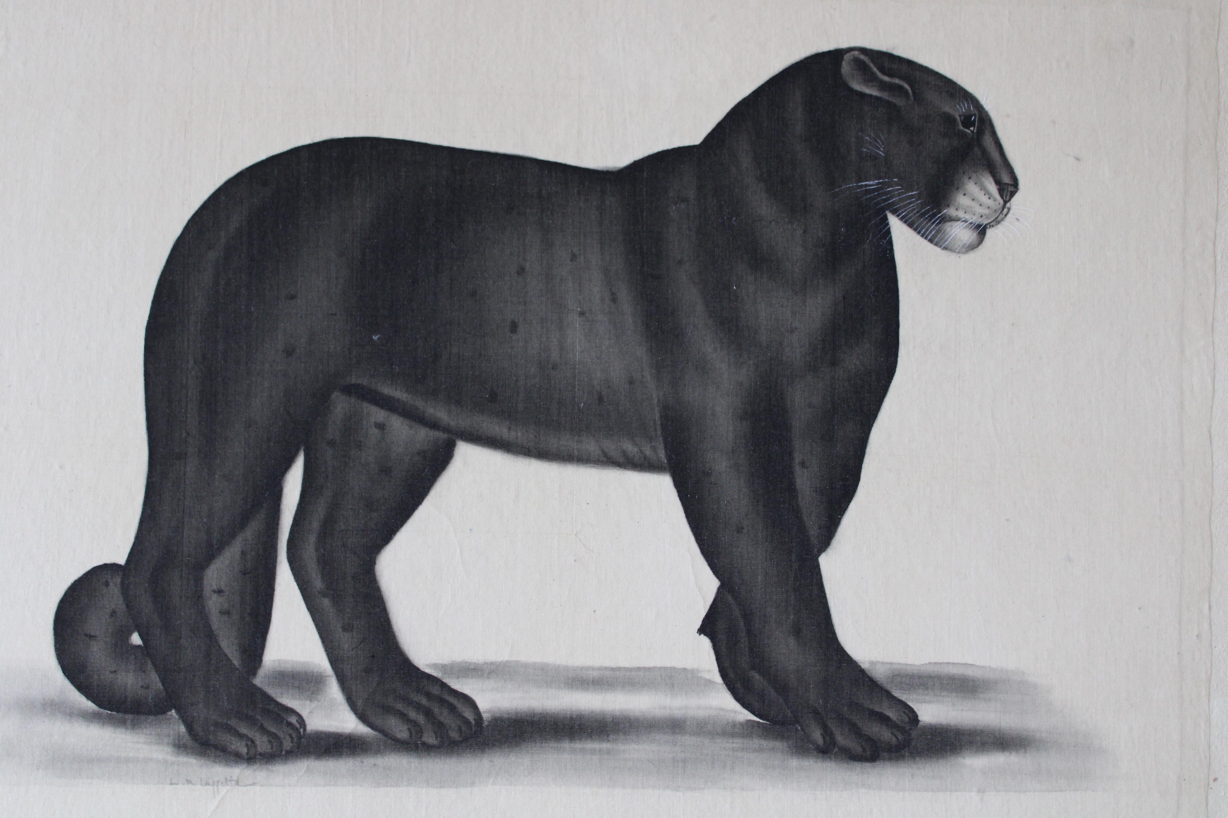 Atemberaubende Black Panther Aquarell auf Seide auf Japanpapier von Französisch Künstler, La Roche Laffitte geklebt.  Ein seltenes signiertes Aquarell, das vom Künstler auf handgeschöpftes Papier geklebt und mit einem dünnen Goldstreifen auf dem