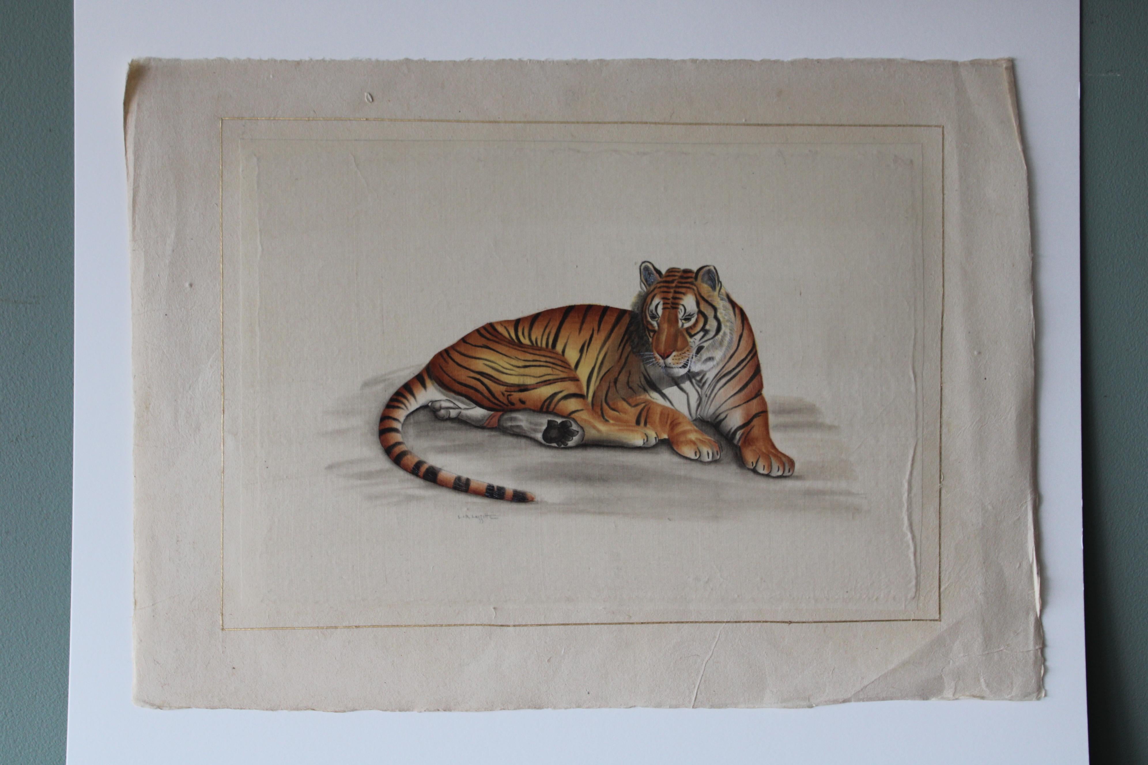 Vintage Tiger watercolour on silk on Japanese paper by La Roche Laffitte 1