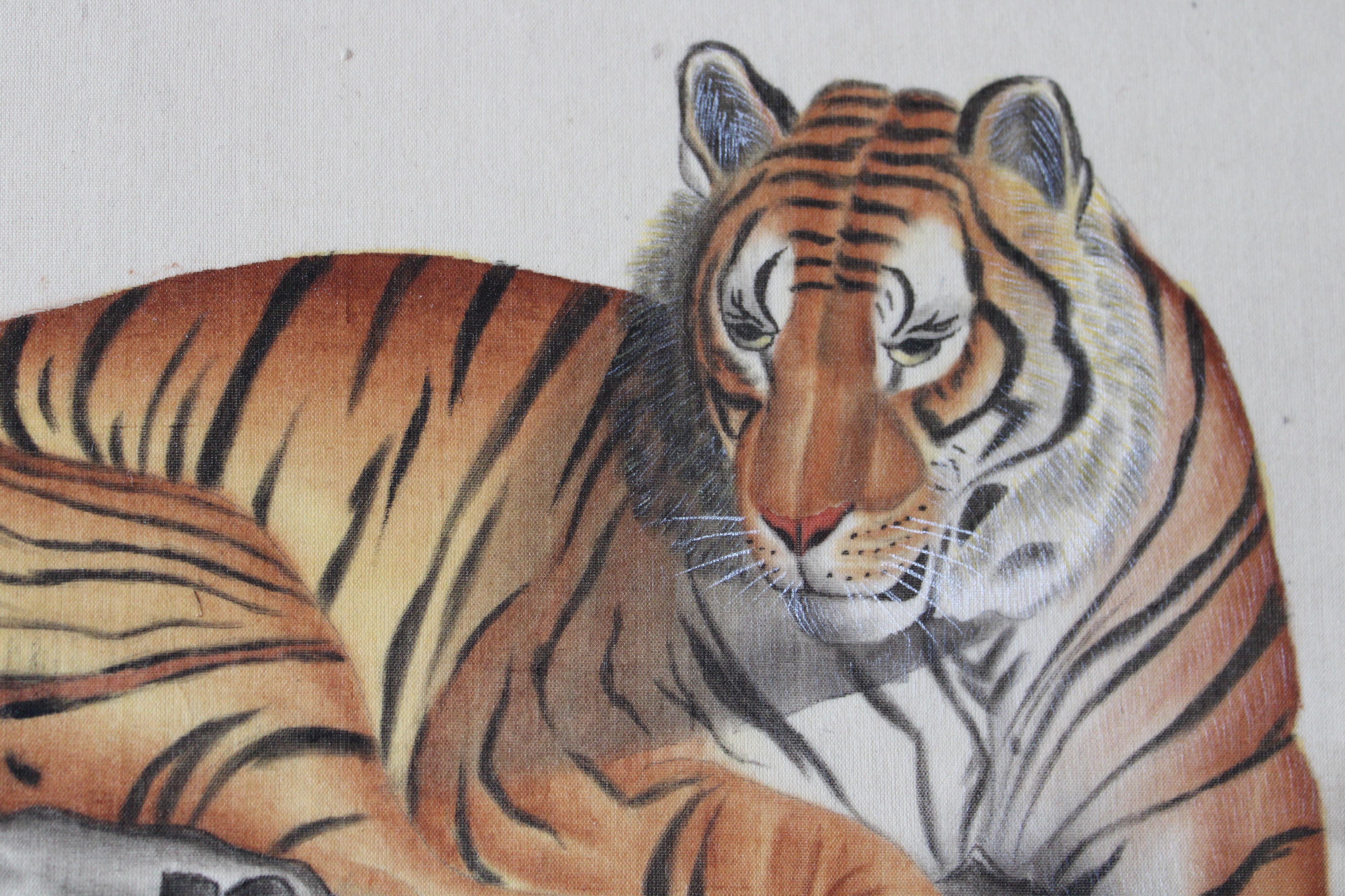 Vintage Tiger watercolour on silk on Japanese paper by La Roche Laffitte 4