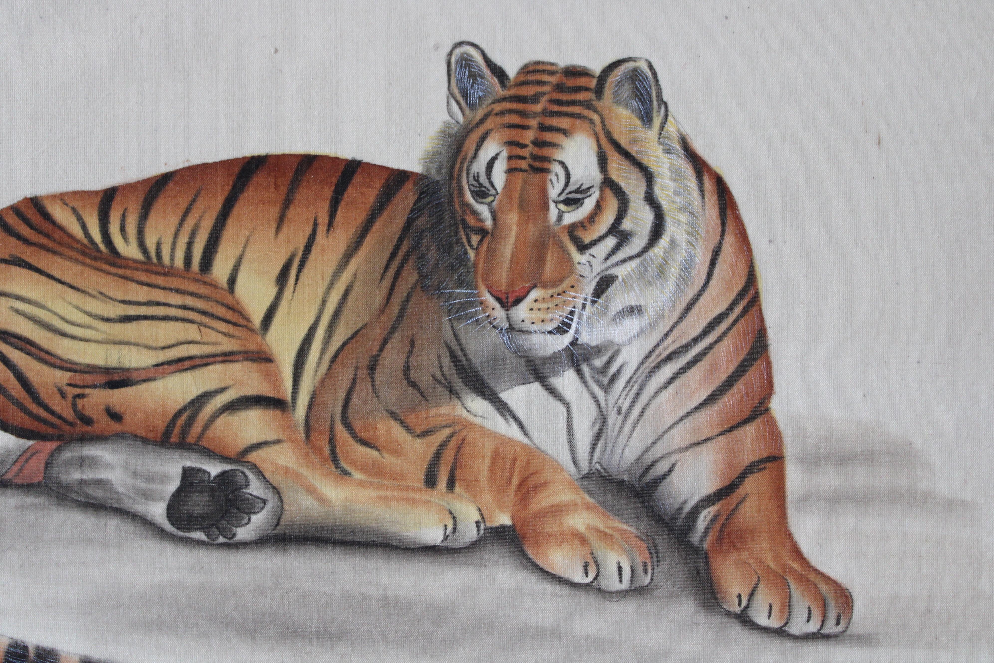 Vintage Tiger watercolour on silk on Japanese paper by La Roche Laffitte 5