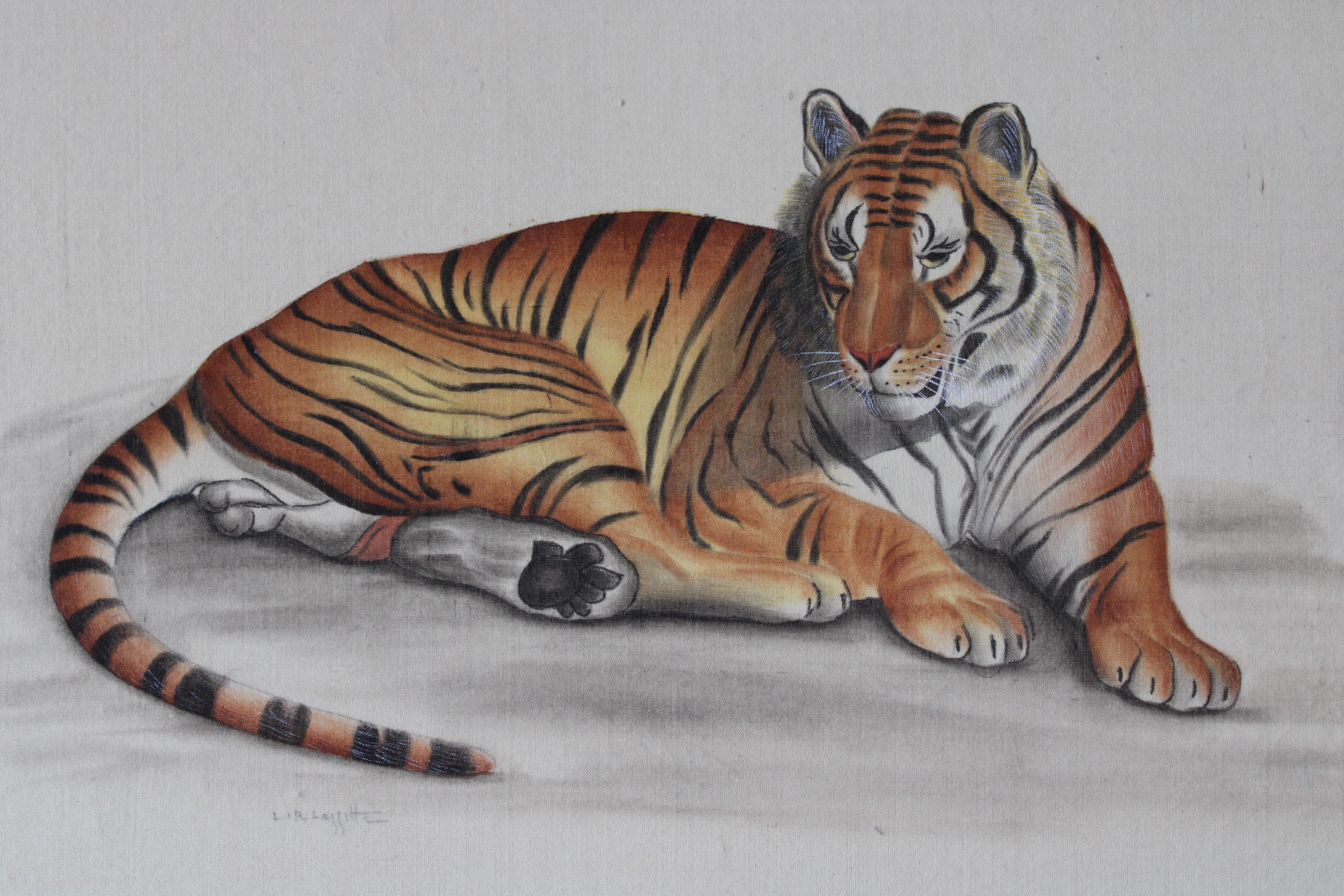 Vintage Tiger watercolour on silk on Japanese paper by La Roche Laffitte 7