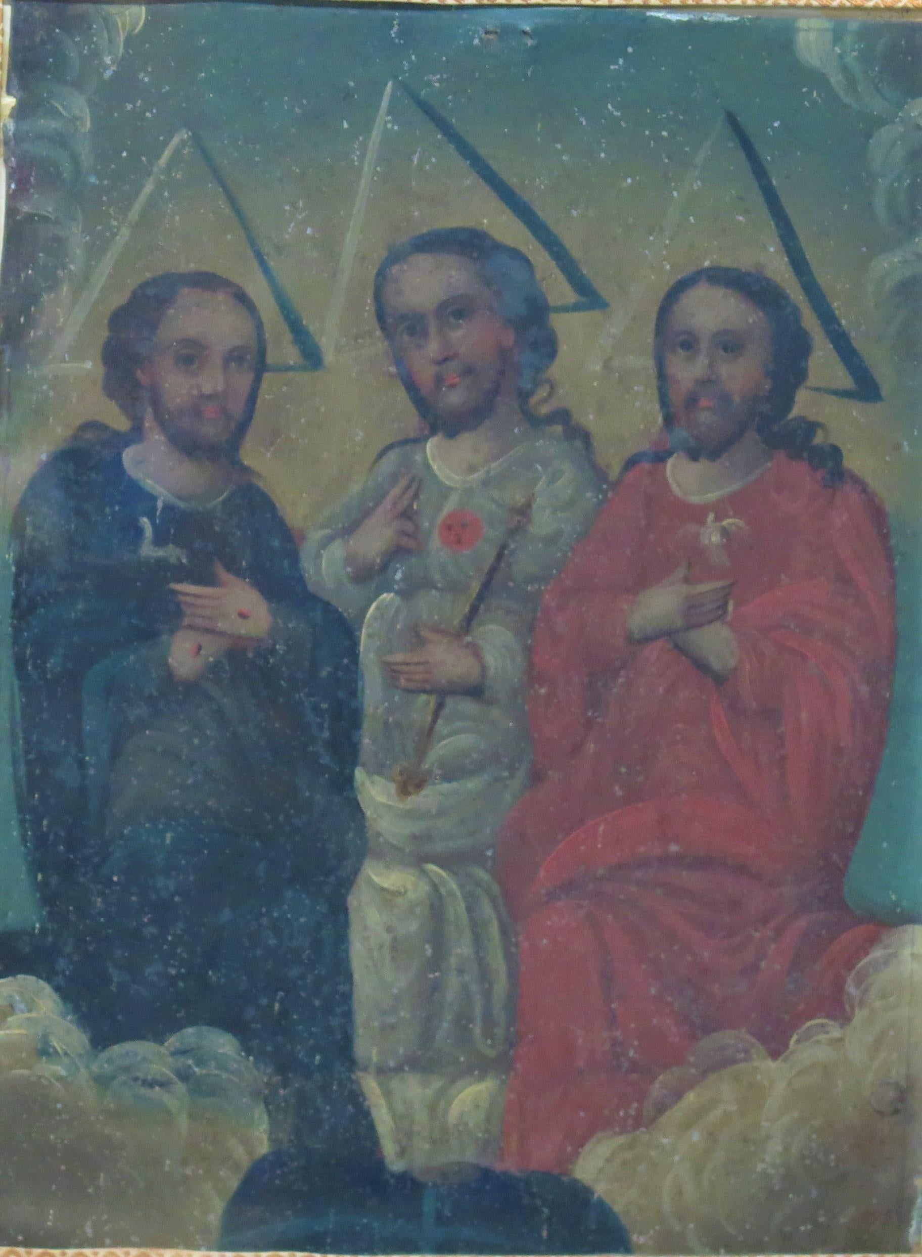 antique Mexican Holy Trinity oil on tin retablo, La Santísima Trinidad, vintage religious Catholic church Folk Art. the three persons of the Trinity are depicted as identical young men, triplets of the same age and size, each distinguishable from