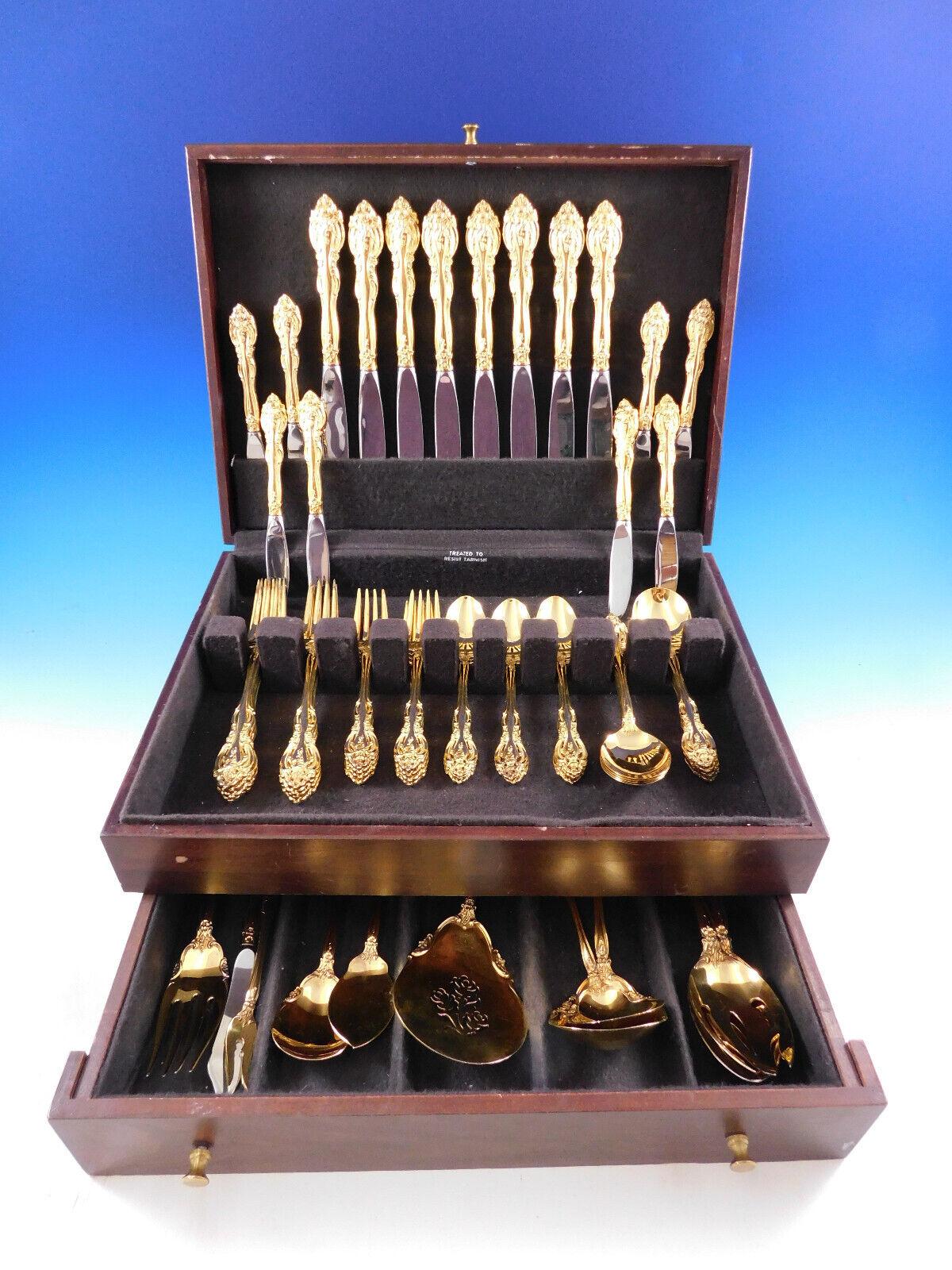 La Scala Gold by Gorham Sterling Silver flatware set - 58 pieces. This set is vermeil (completely gold-washed) and includes:

8 Knives, 9