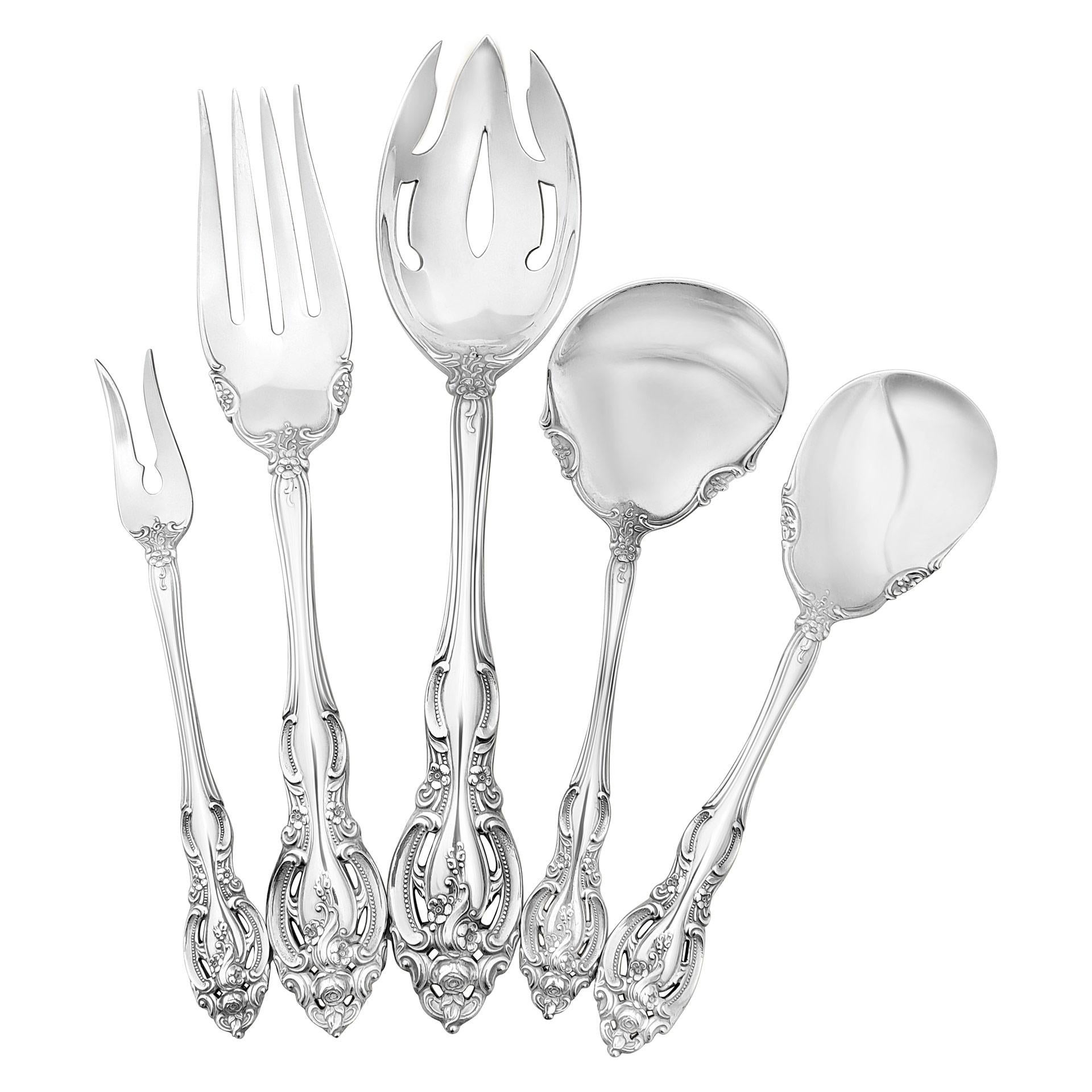LA SCALA Sterling silver flatware set patented in 1964 by Gorham. 6 Place setting for 12 with 7 serving pieces. Over 3300 grams sterling silver (106 ounces troy). PLACE SETTINGS: 12 dinner knife (9