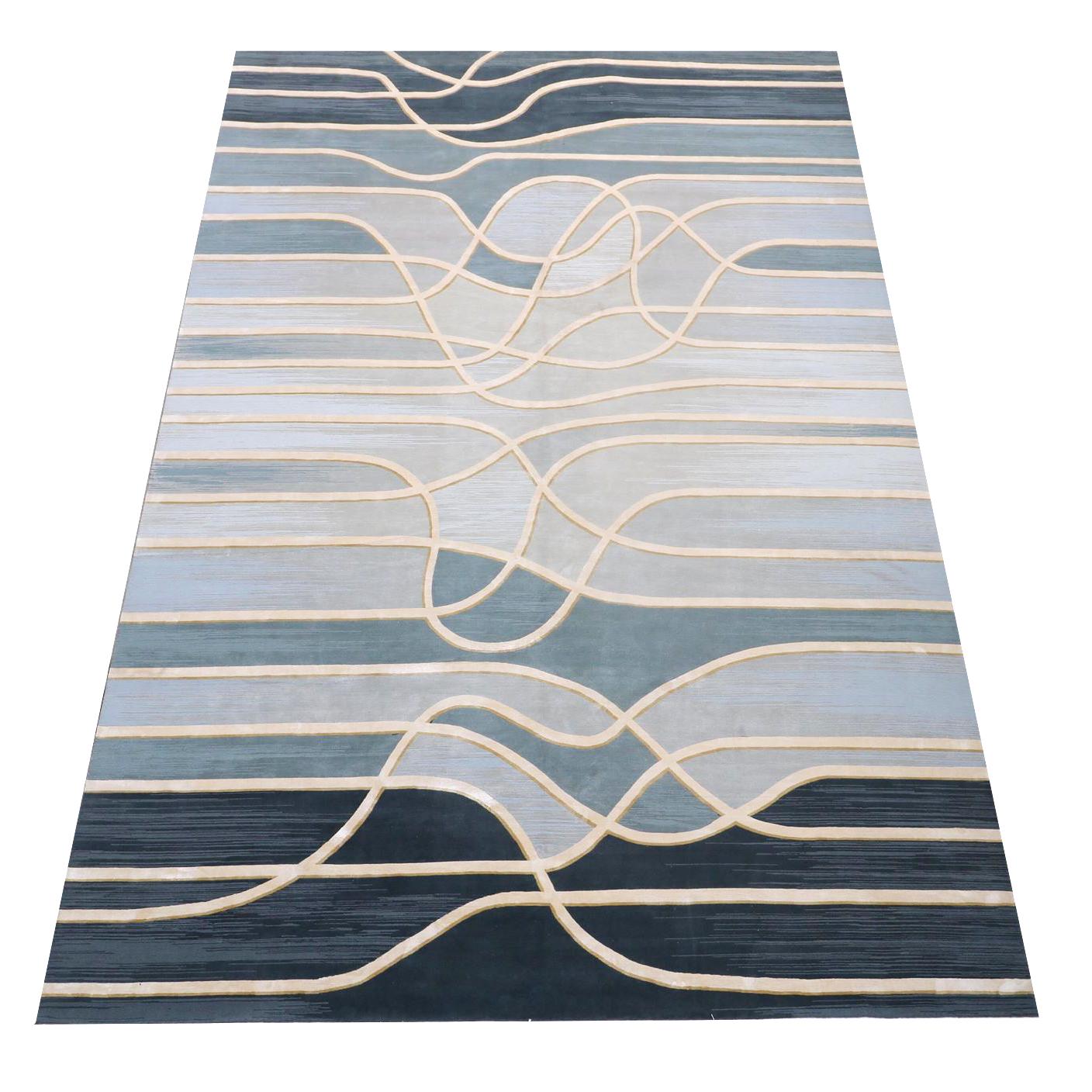 Hand-Knotted Blue Rug for Living Room Hand Knotted Wool Silk - La Seine Au Crepuscule For Sale