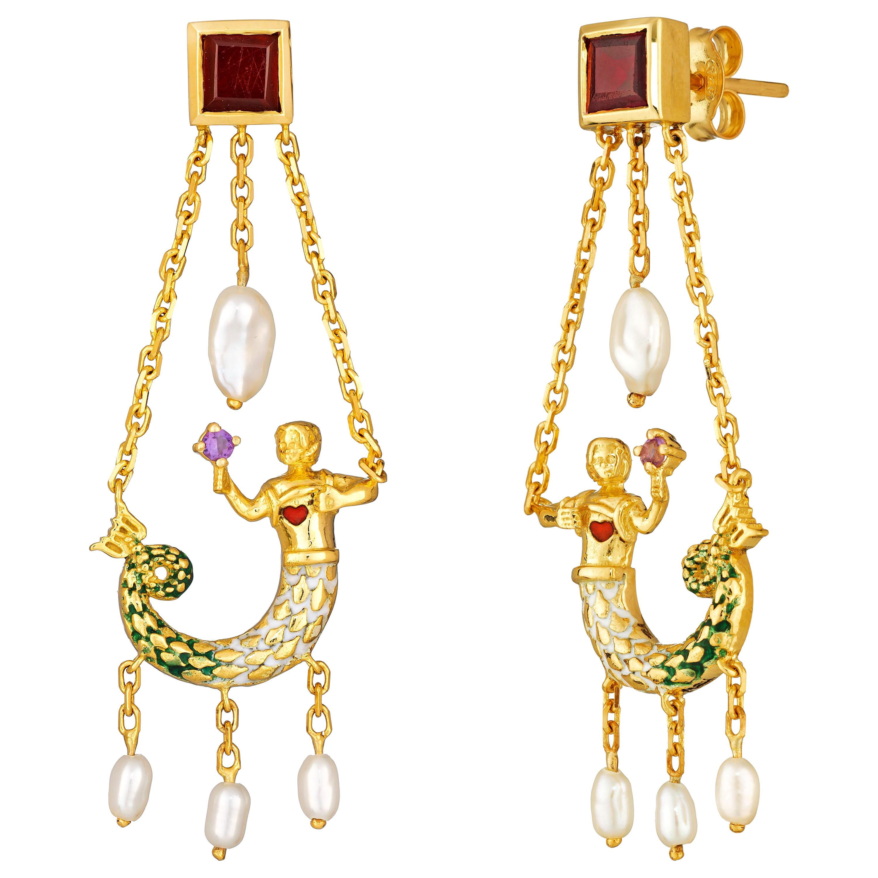La Sirene Earrings, 18 Karat Yellow Gold with Enamel, Amethyst, Garnet, Pearl