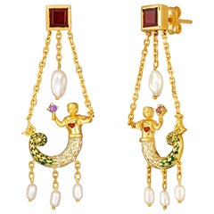 La Sirene Earrings, 18 Karat Yellow Gold with Enamel, Amethyst, Garnet, Pearl