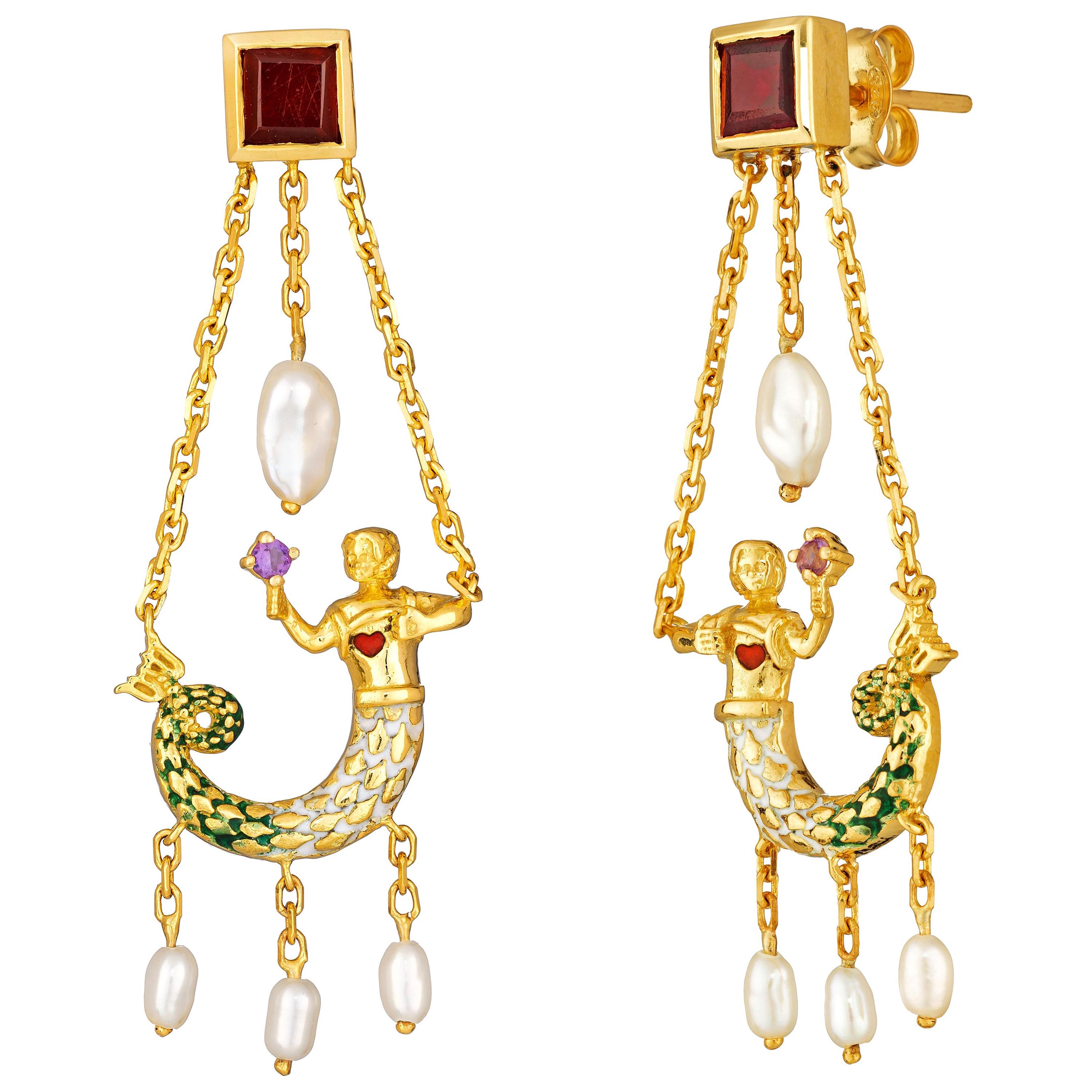 La Sirene Earrings, 18 Karat Yellow Gold with Enamel, Amethyst, Garnet, Pearl For Sale
