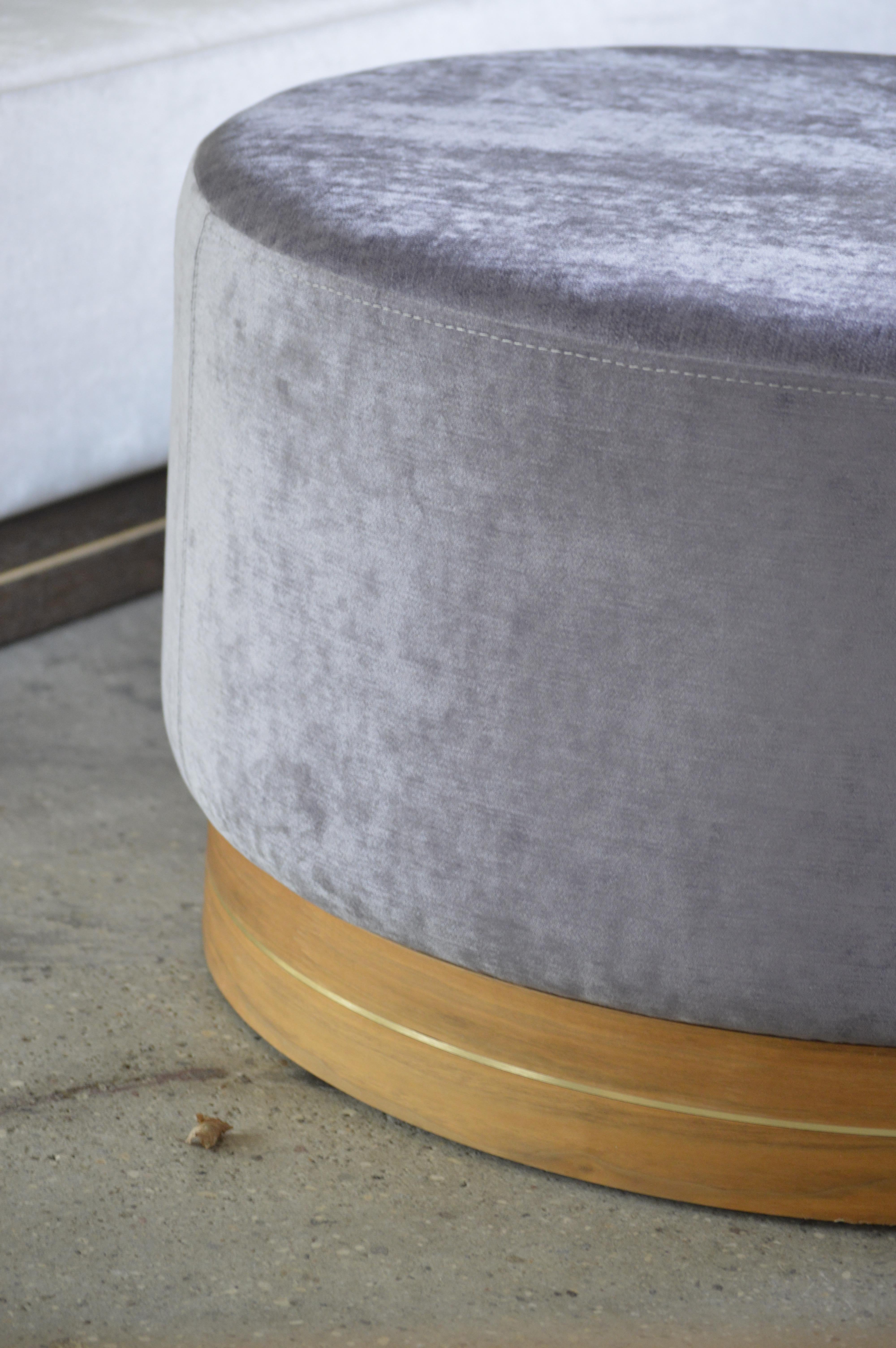 Polished La Sorella, Scandinavian Big Pouf in Blue Velvet on Smoked Oak Base, Steel Décor For Sale