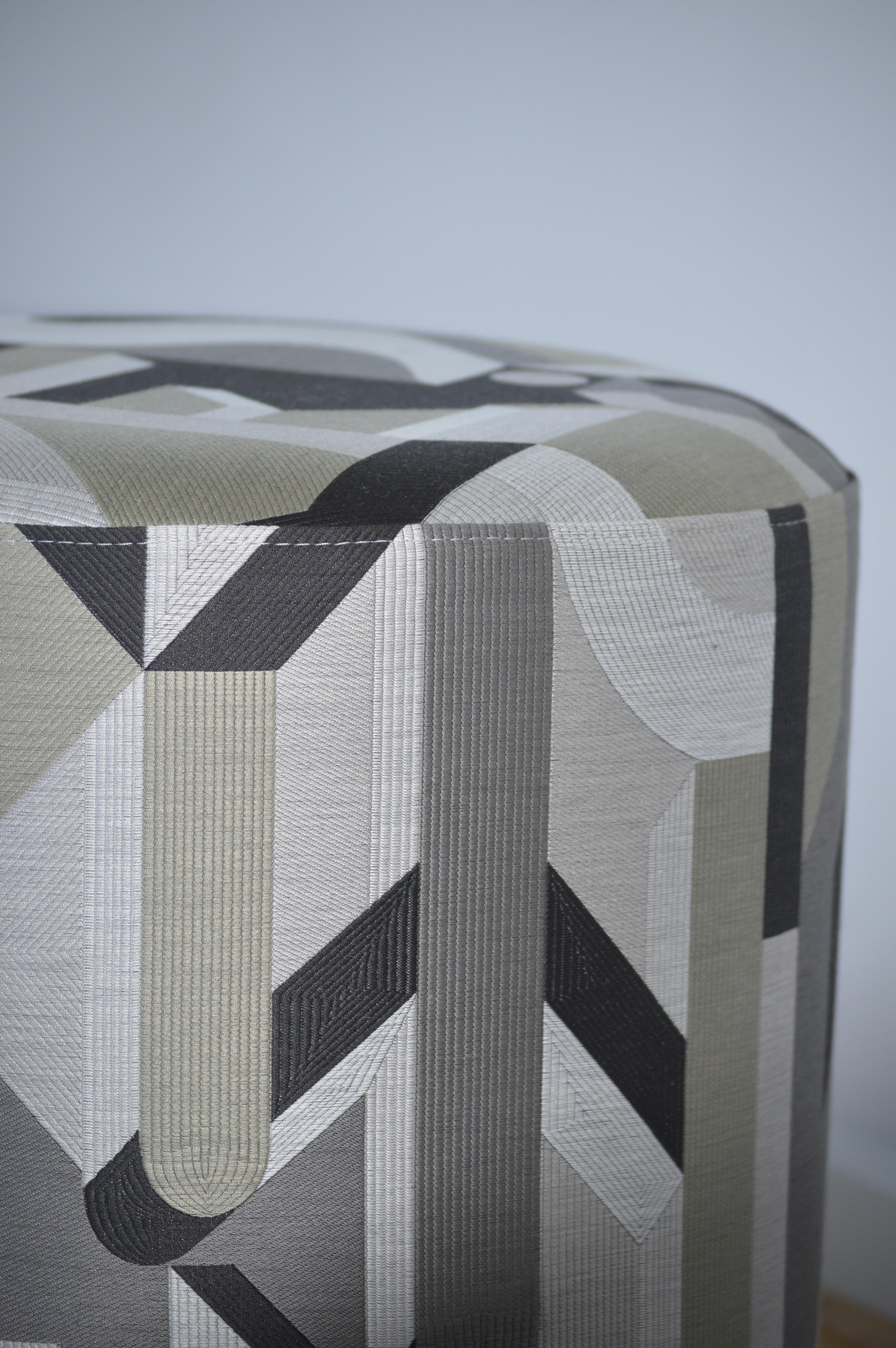 Brass La Sorellina, Small Pouf in Hermes Fabric on Stained Oak Base with Steel Decor For Sale