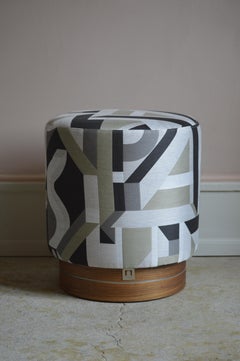 La Sorellina, Small Pouf in Hermes Fabric on Stained Oak Base with Steel Decor