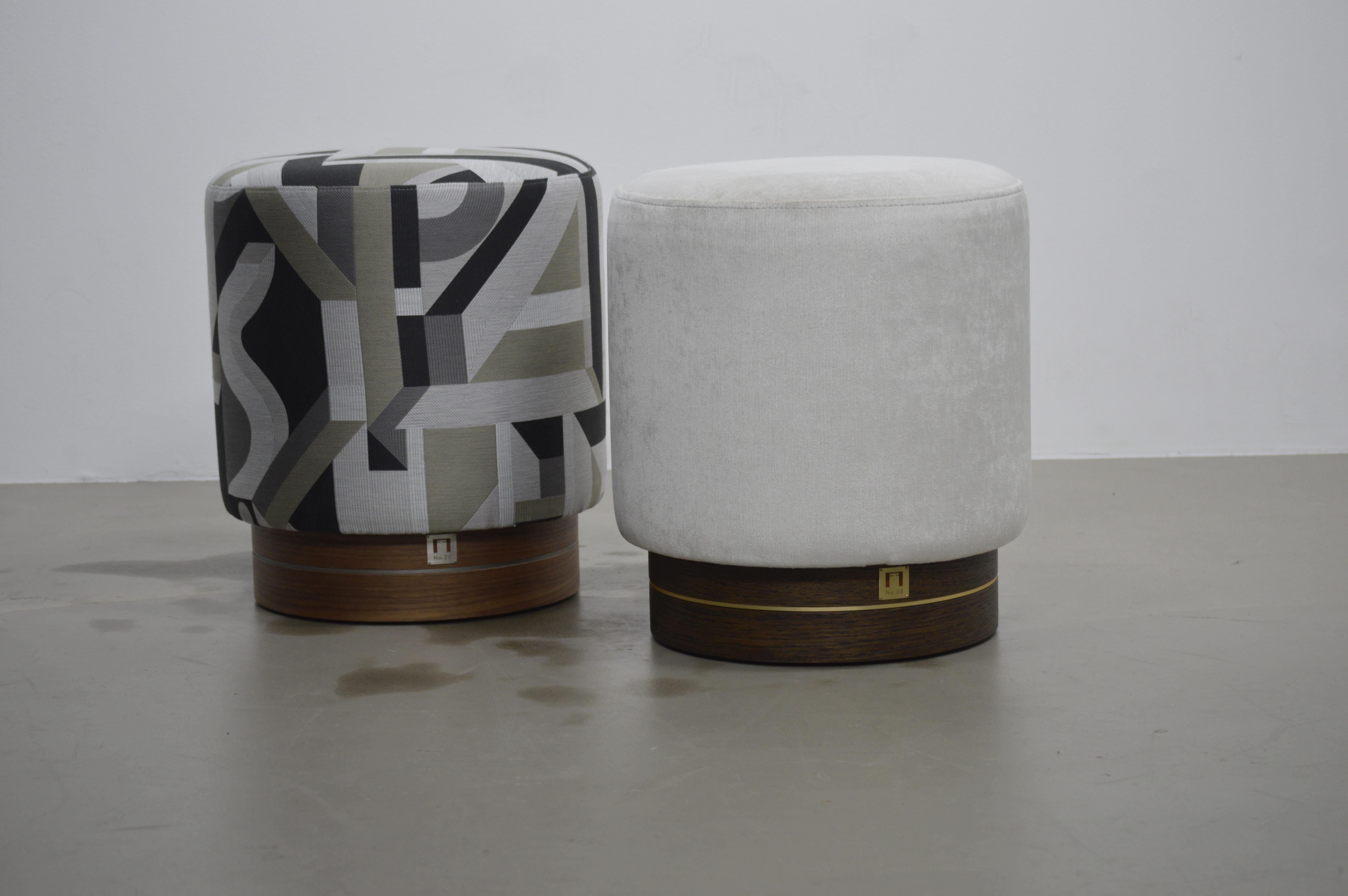 Hand-Crafted La Sorellina, Small Pouf in Hermes Fabric on Stained Oak Base with Steel Decor For Sale