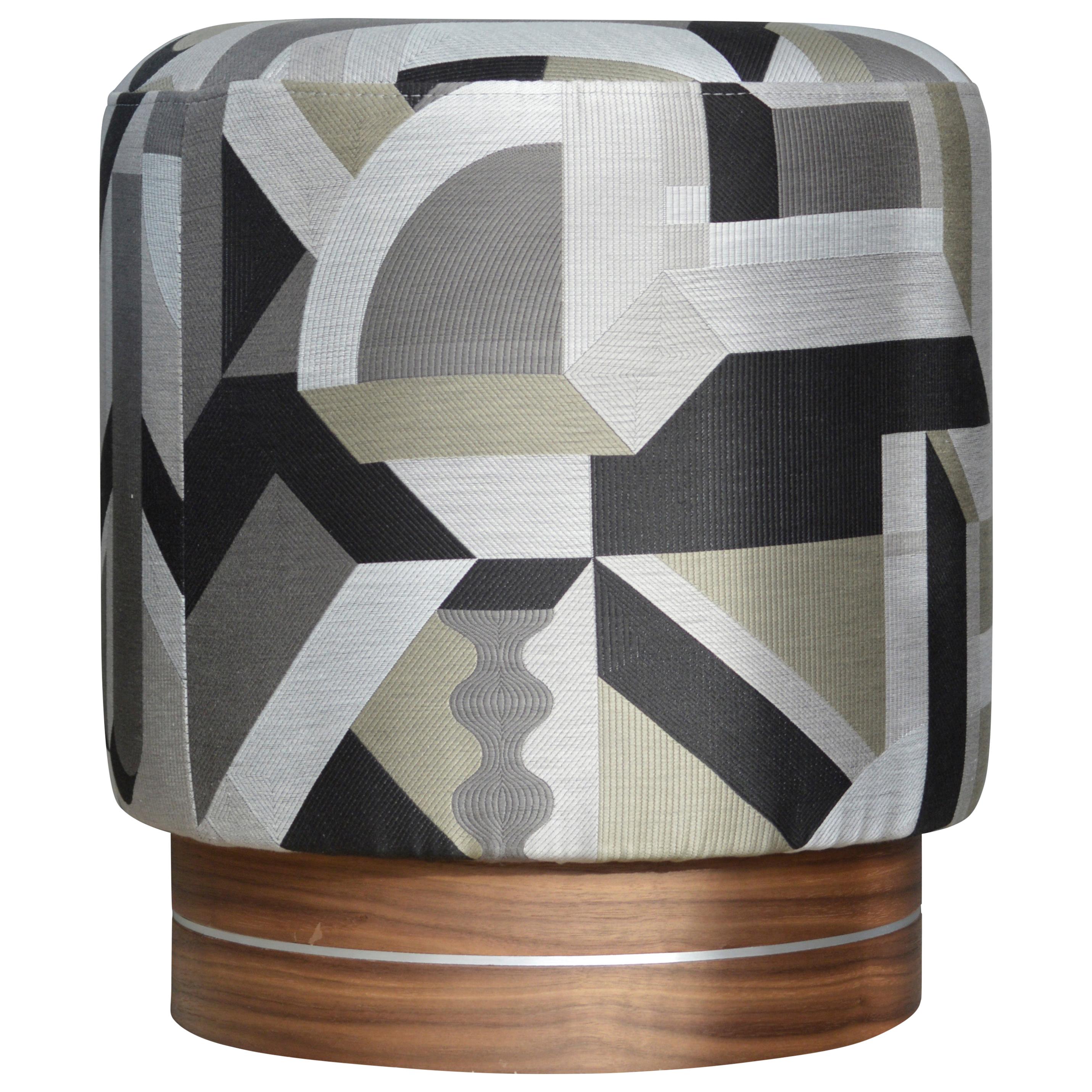 La Sorellina, Small Pouf in Hermes Fabric on Stained Oak Base with Steel Decor For Sale