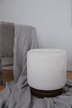 La Sorellina, Small White Pouf in Velvet on Stained Oak Base with Steel Décor