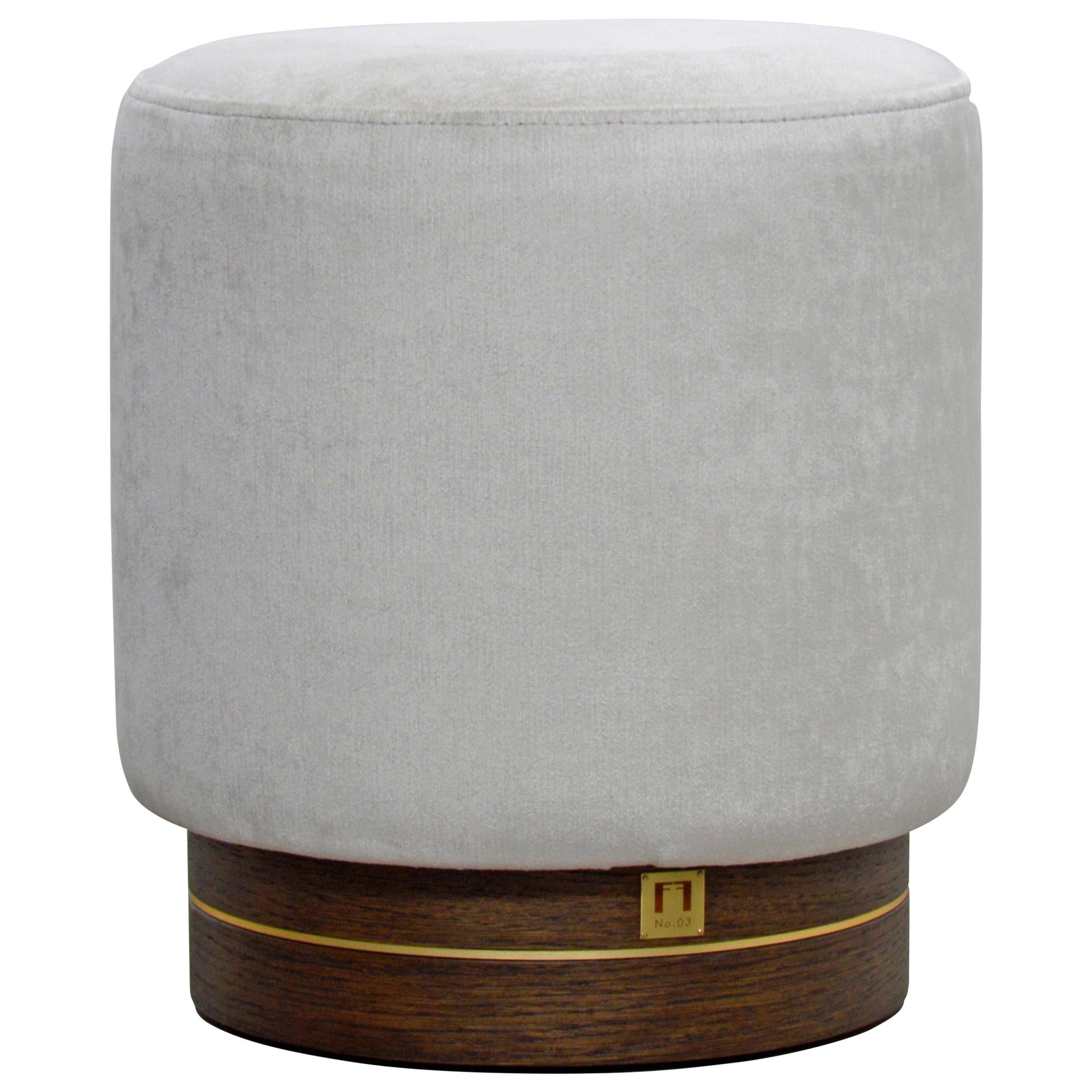 La Sorellina, Small White Pouf in Velvet on Stained Oak Base with Steel Décor For Sale