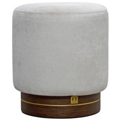 La Sorellina, Small White Pouf in Velvet on Stained Oak Base with Steel Décor