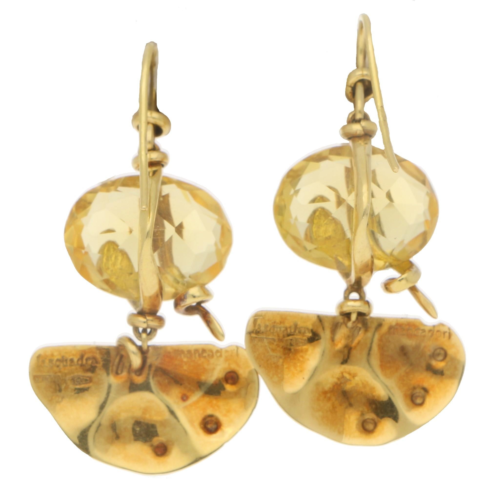 'La Squadra' Citrine Snake Earrings Set in 18 Karat Yellow Gold In Good Condition For Sale In London, GB