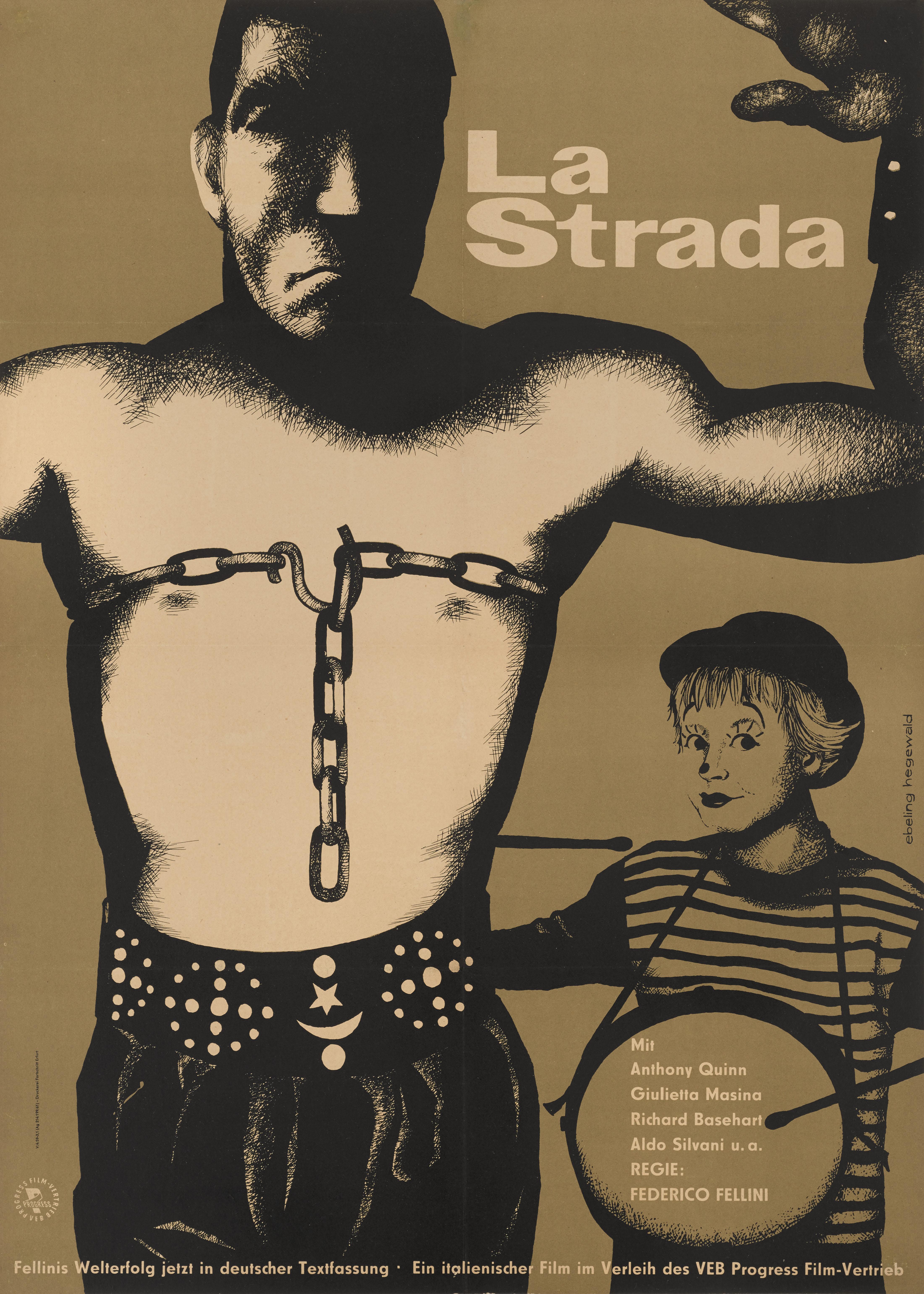 Original East German film poster for the Italian drama La Strada 1954.
This film was directed by Federico Fellini and starred Giuletta Masina, Anthony Quinn and Richard Basehart. This poster was created by Ebeling Hegewald for the films first East