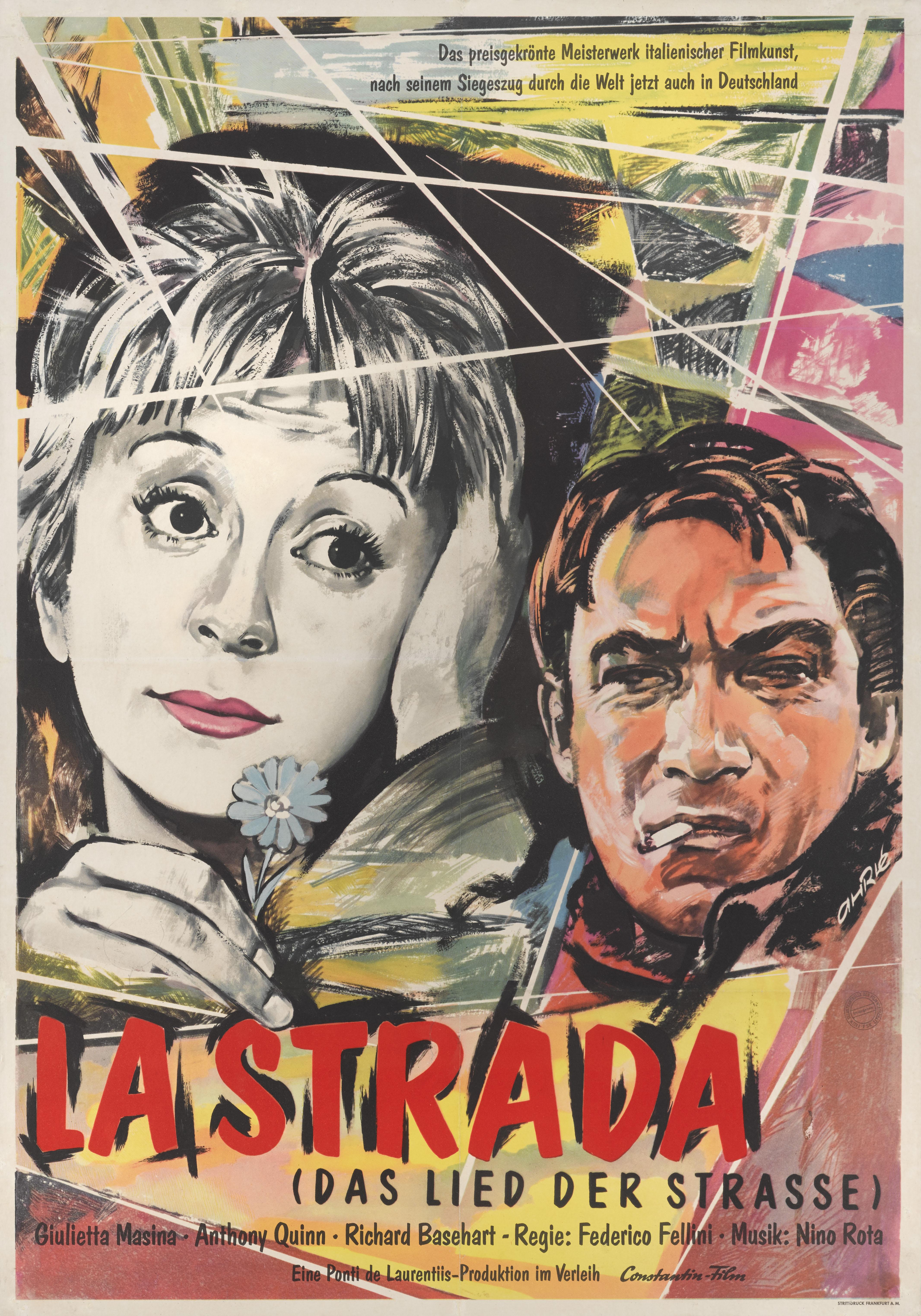 Original German film poster for the Italian drama La Strada 1954.
This film was directed by Federico Fellini and starred Giuletta Masina, Anthony Quinn and Richard Basehart. This poster was created for the films first German release in 1956. The